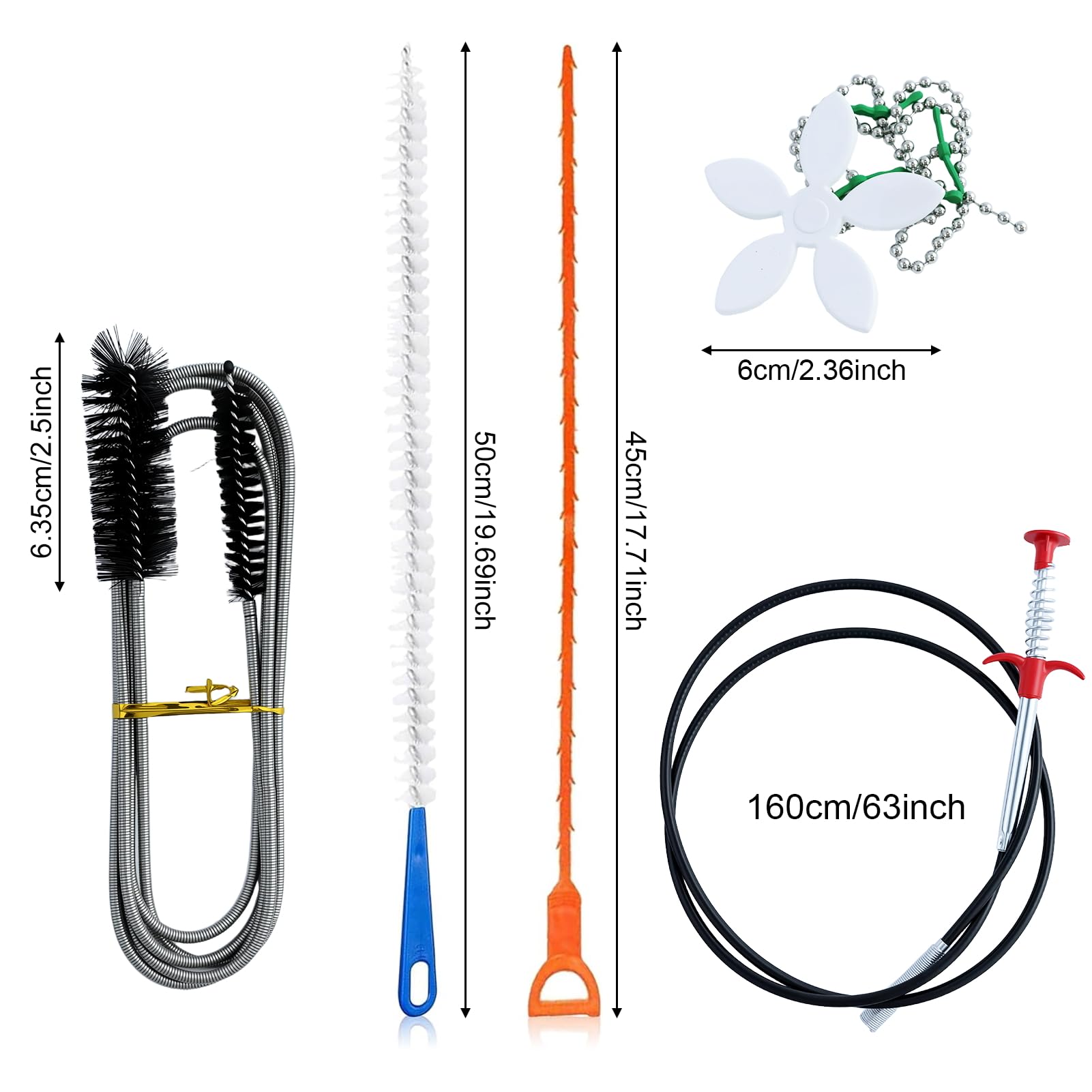 Desatascador Tuberias Profesional 5 Piezas Cepillo Limpieza Desagüe Recogedor Garras Limpiador Espiral Cocina Baño