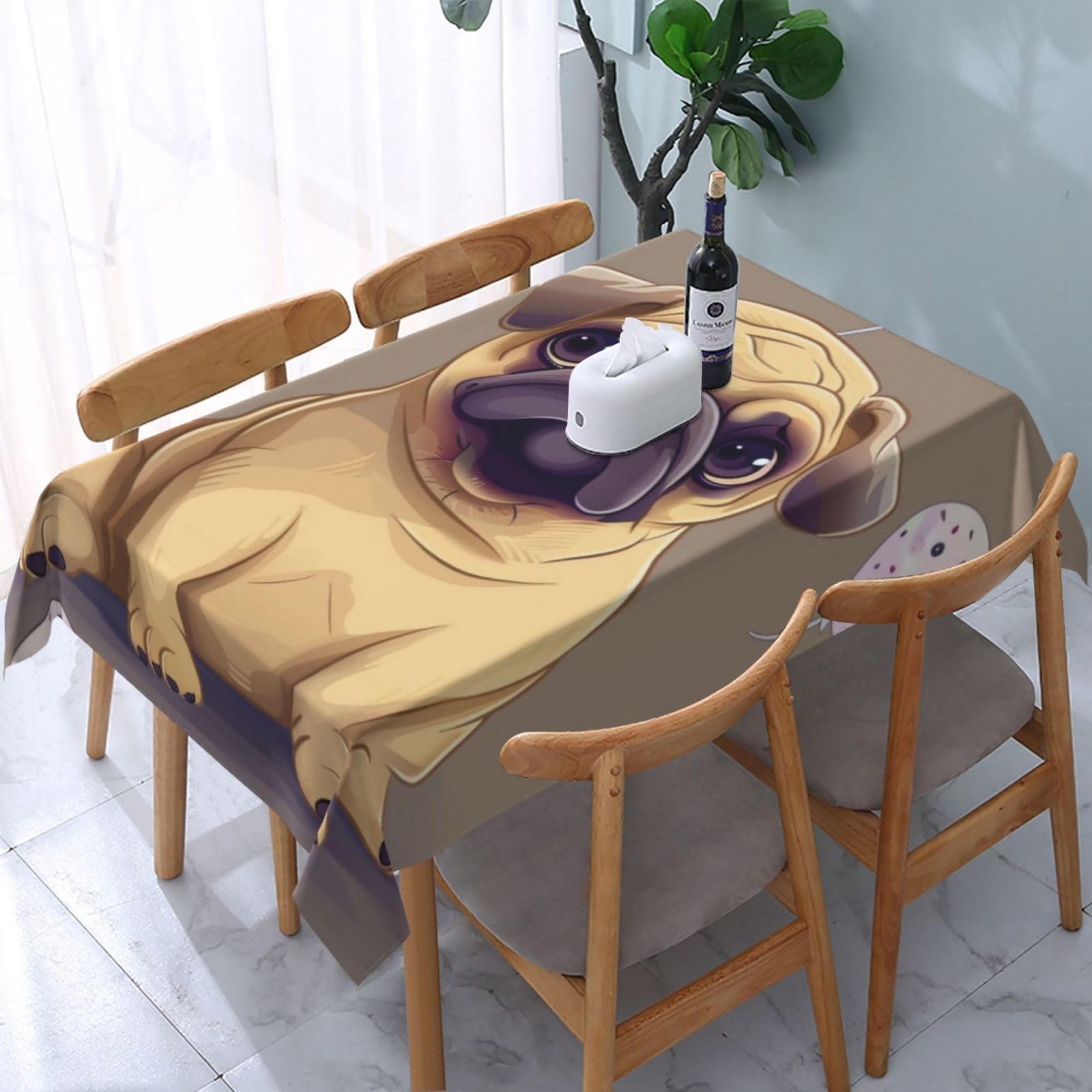 WPKJU Funny Cartoon Pug Puppy Dog Printed Tablecloth Water Resistant Table Cover Washable Rectangle Table Cloth for Tables 54x72 in