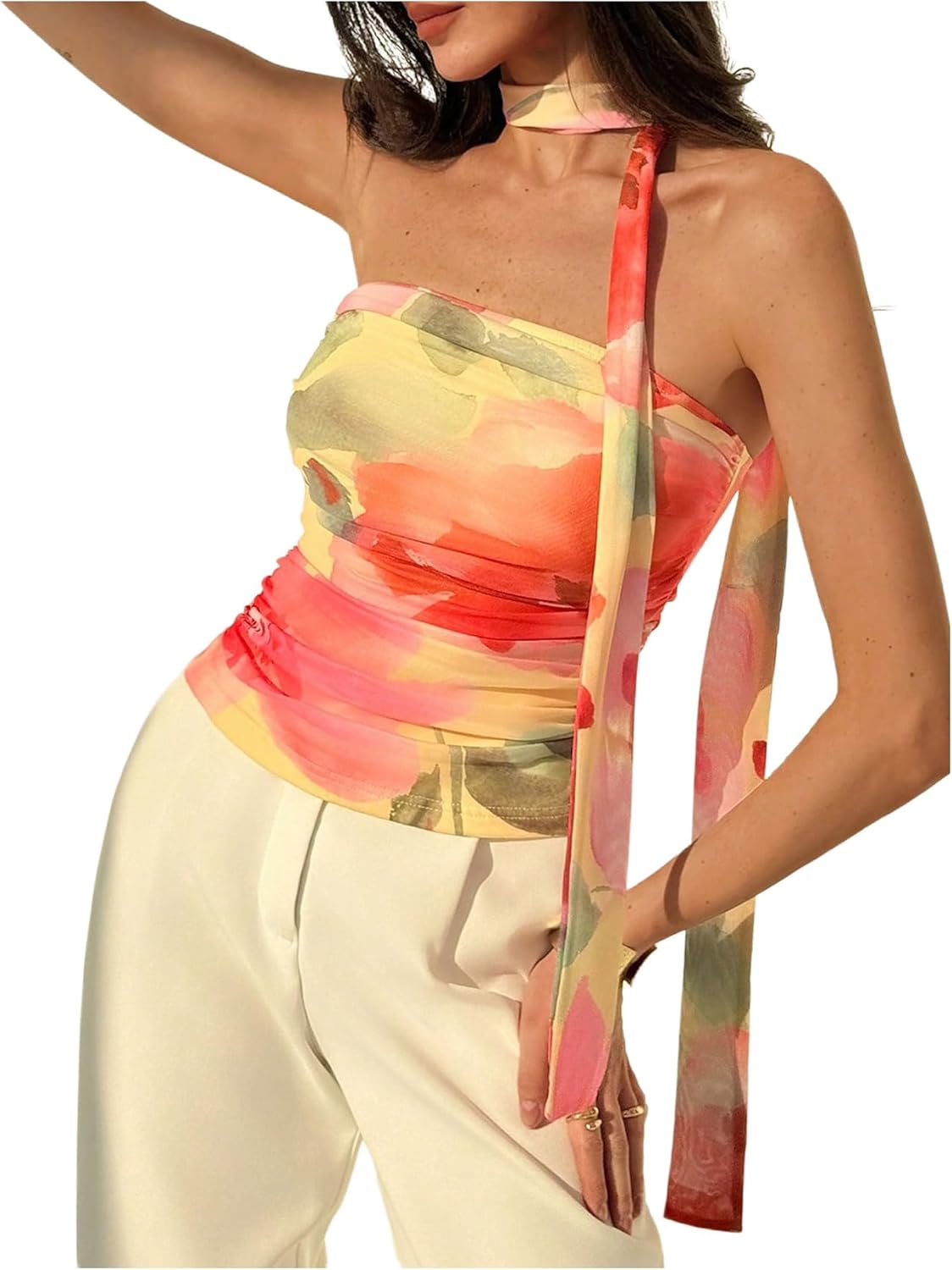 Women's Floral Tie Dye Strapless Tube Top Sleeveless Y2K Bandeau Tops with Scarf