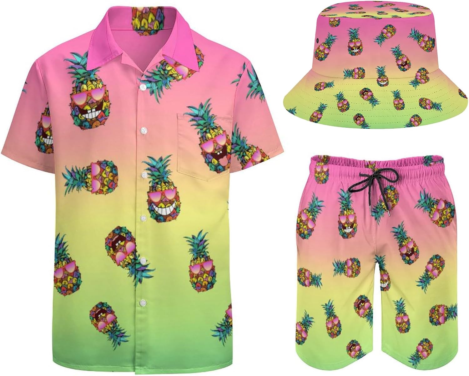 3 Piece Men's Hawaiian Shirts and Shorts Set Hawaii Beach Suits with Bucket Hats