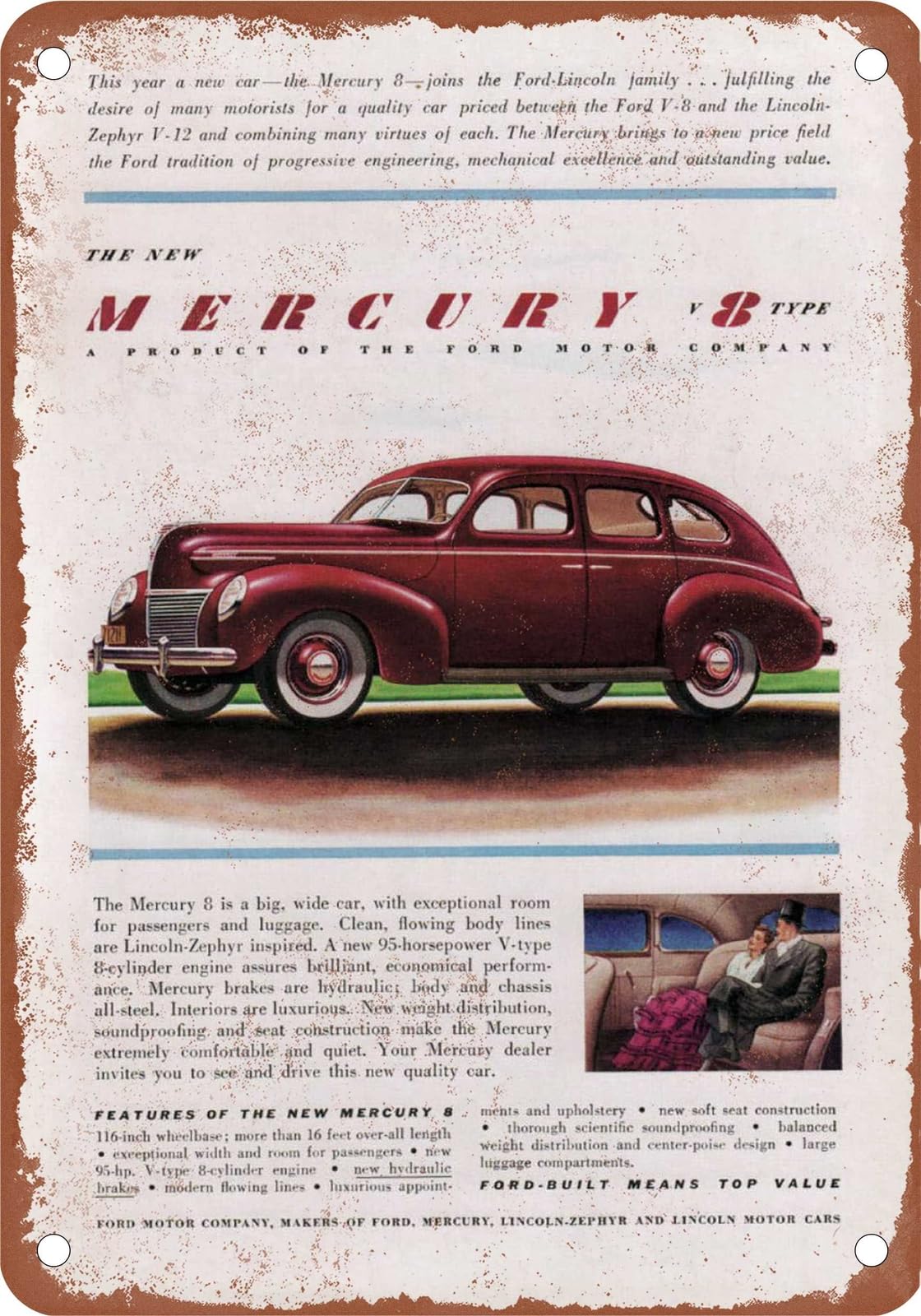 METAL SIGN - 1939 Mercury Vintage Ad 01 - Old Retro Rusty Look home decor