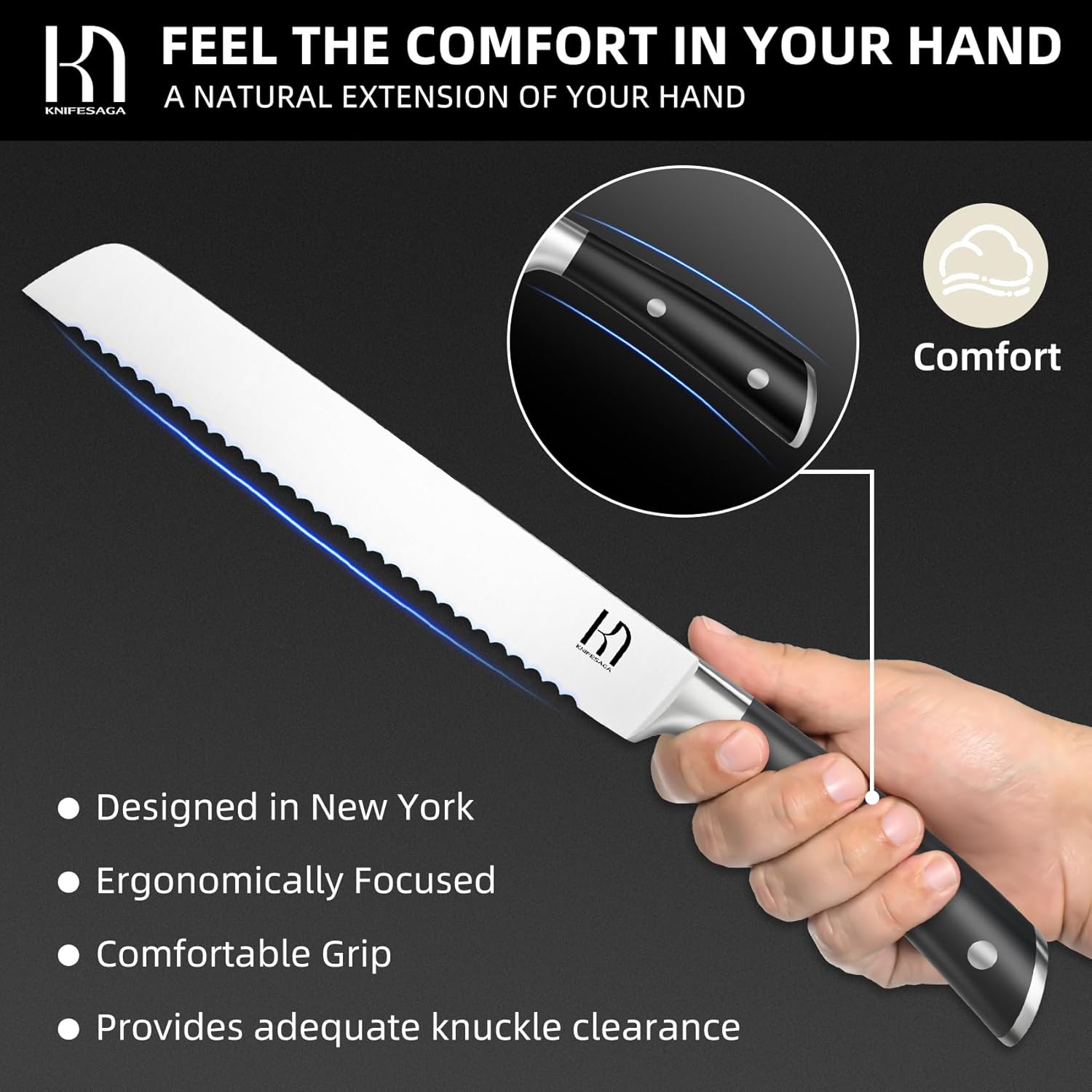 KnifeSaga Bread Knife for Homemade Bread 8 Inch, Japanese Serrated Sourdough Bread Slicing Knives, Bread Cutting Knife with Ergonomic Full-tang Handle