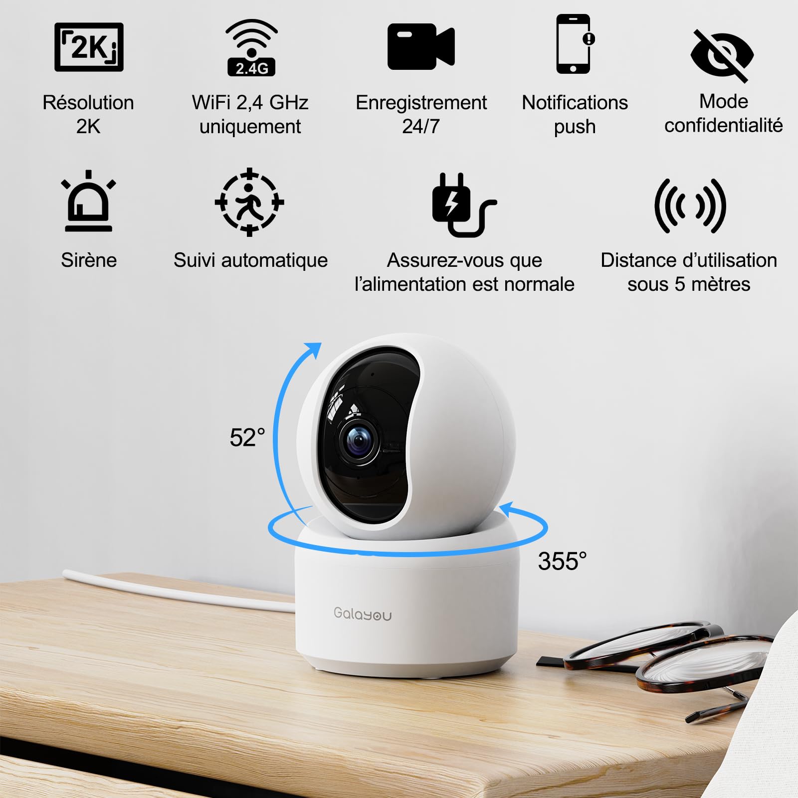 GALAYOU 2K(3MP) Camera Surveillance WiFi Intérieure - Caméra Interieur Maison 360°, Détection Humaine AI, Suivi Intelligent pour Bebe/Chien/Chat/Animaux, Alerte Instantanée G2 (Lot de 2)