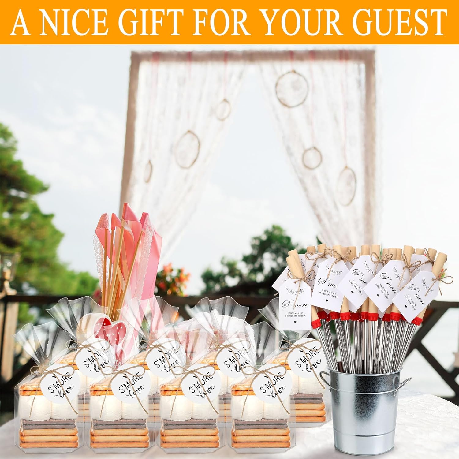148 Pcs S'mores Kit Party Favor Smores Sticks for Fire Pit Bonfire Birthday Party Decorations Extendable Roasting Stick Clear Cellophane Bags for Camping Bonfire Wedding(Classic)
