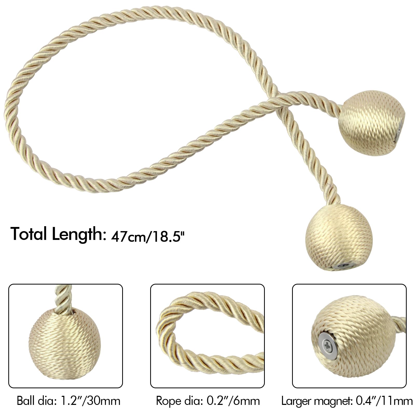 Lunhoo 2 Pack Magnetic Curtain Tiebacks, Curtain Holdbacks, Curtain Ties for Home Bedroom Office Decorative (Beige) - Image 4