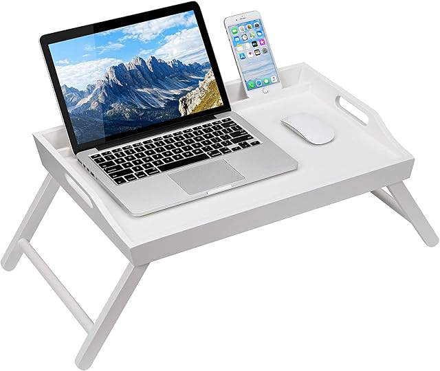 Unibos Bamboo Bed Tray Table with Foldable Legs and Tablet Phone Slot, Breakfast Tray for Sofa, Bed, Eating, Working, Used As Laptop Desk Snack Tray (White)