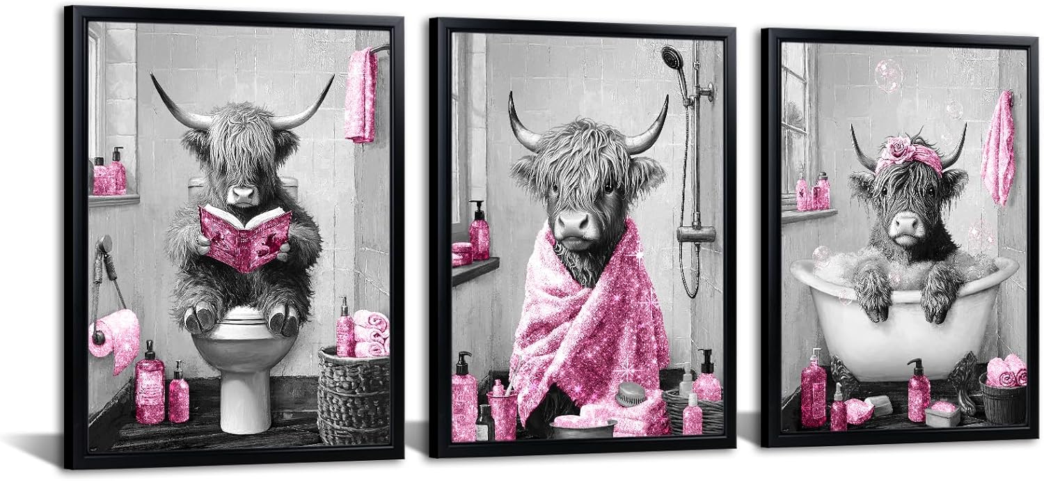 sechars Highland Cow Bathroom Wall Art 3 Piece Funny Bathroom Pictures Canvas Print Grey and Yellow Decor (Yellow)
