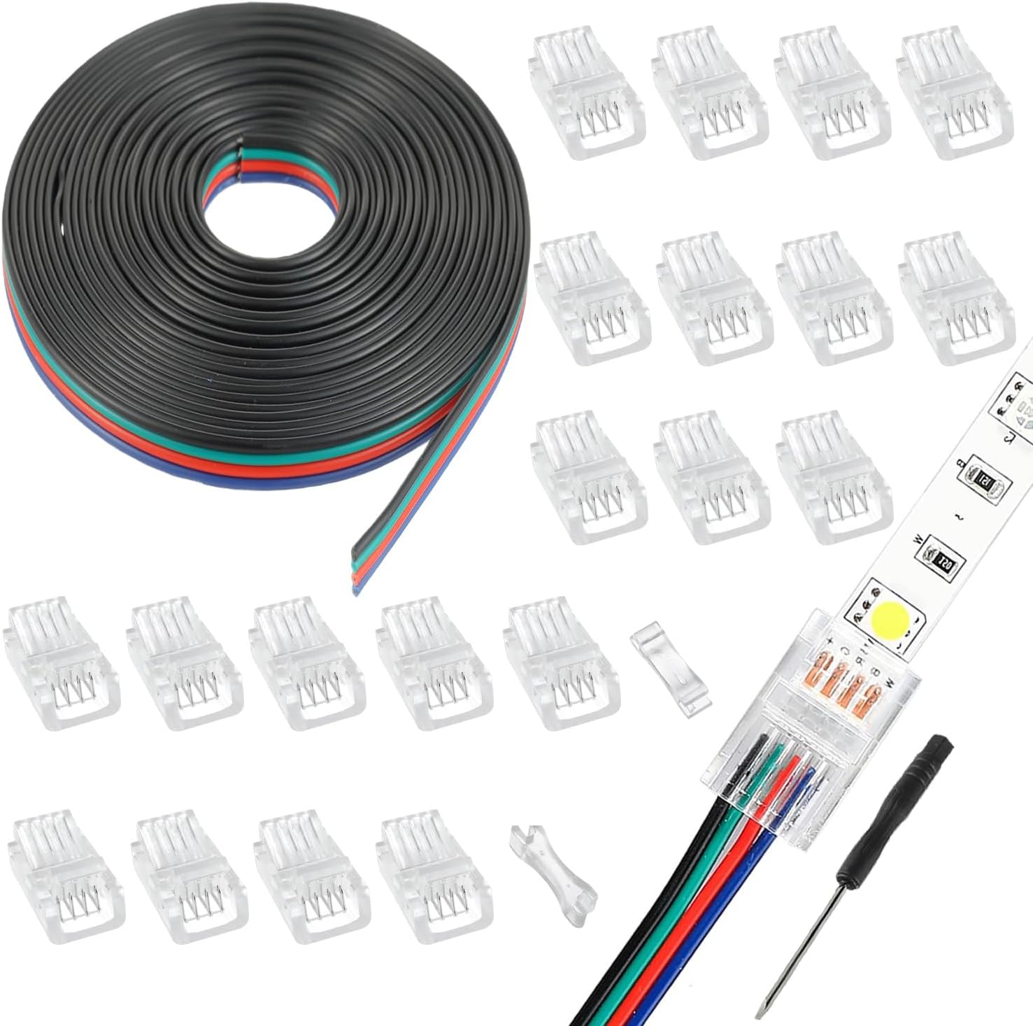 4 Pin 8 mm LED Strip Connector LED Light Connector Strip to Wire Quick Connector RGB Lights Adapter Clear Unwired Gapless Track Lighting Connector with 5M/16.4ft Cable(20pcs)