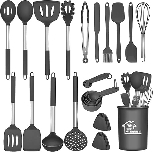 Juego de utensilios de cocina de 27 piezas, resistentes al calor, antiadherentes a 446 F, juego de utensilios de cocina con mango de acero