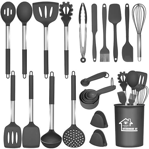27 Pcs kitchen Utensils Set,446°F Heat Resistant Non-Stick Kitchen Gadgets,Stainless Steel Handle Utensil Sets,Cooking Utensils Set with Holder,Kitchen Accessories,Kitchen Essentials,Dishwasher Safe - Black