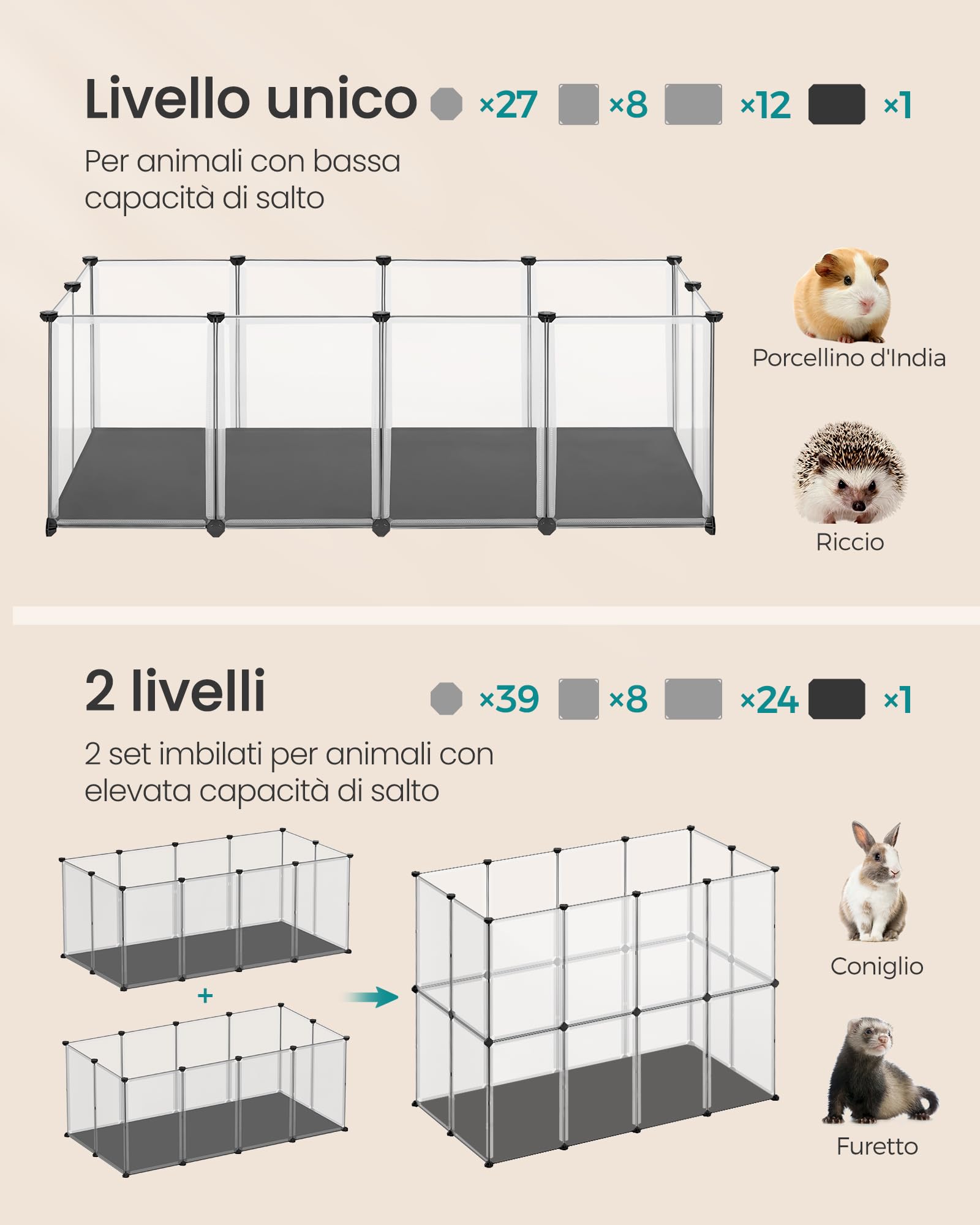 SONGMICS Recinto per Animali con Fondo e Tappeto Impermeabile e Rimovibile, Recinzione per Animali Piccoli, per Criceti, Conigli, Ricci, Porcellini d’India, 143 x 73 x 46 cm, Bianco LPC012W01