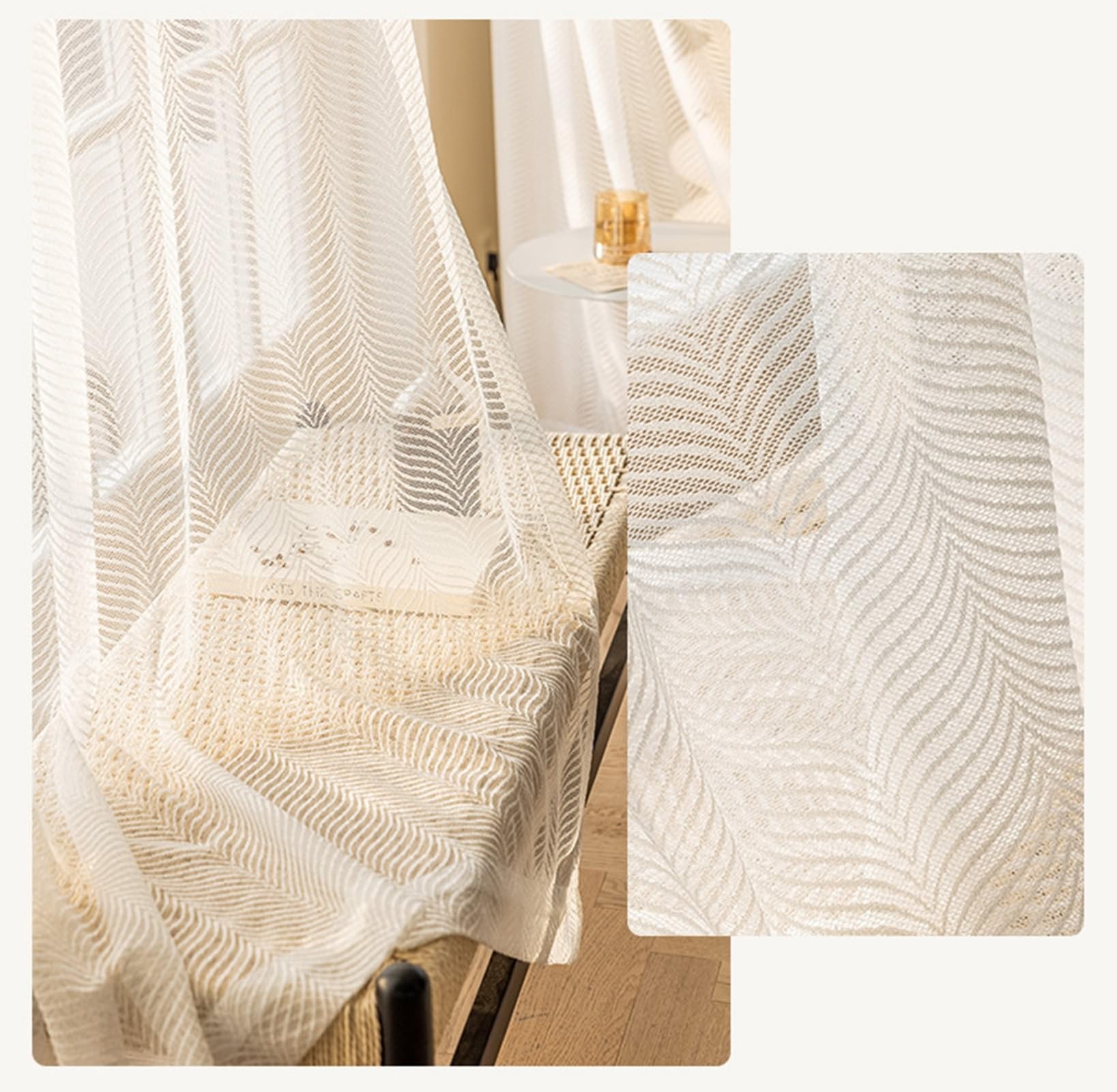 Vorhänge Transparent mit Ösen, Vorhang für Fenster Innen 2er Set Polyester Voile Weiß mit Fischgrätstruktur, 102x183cm