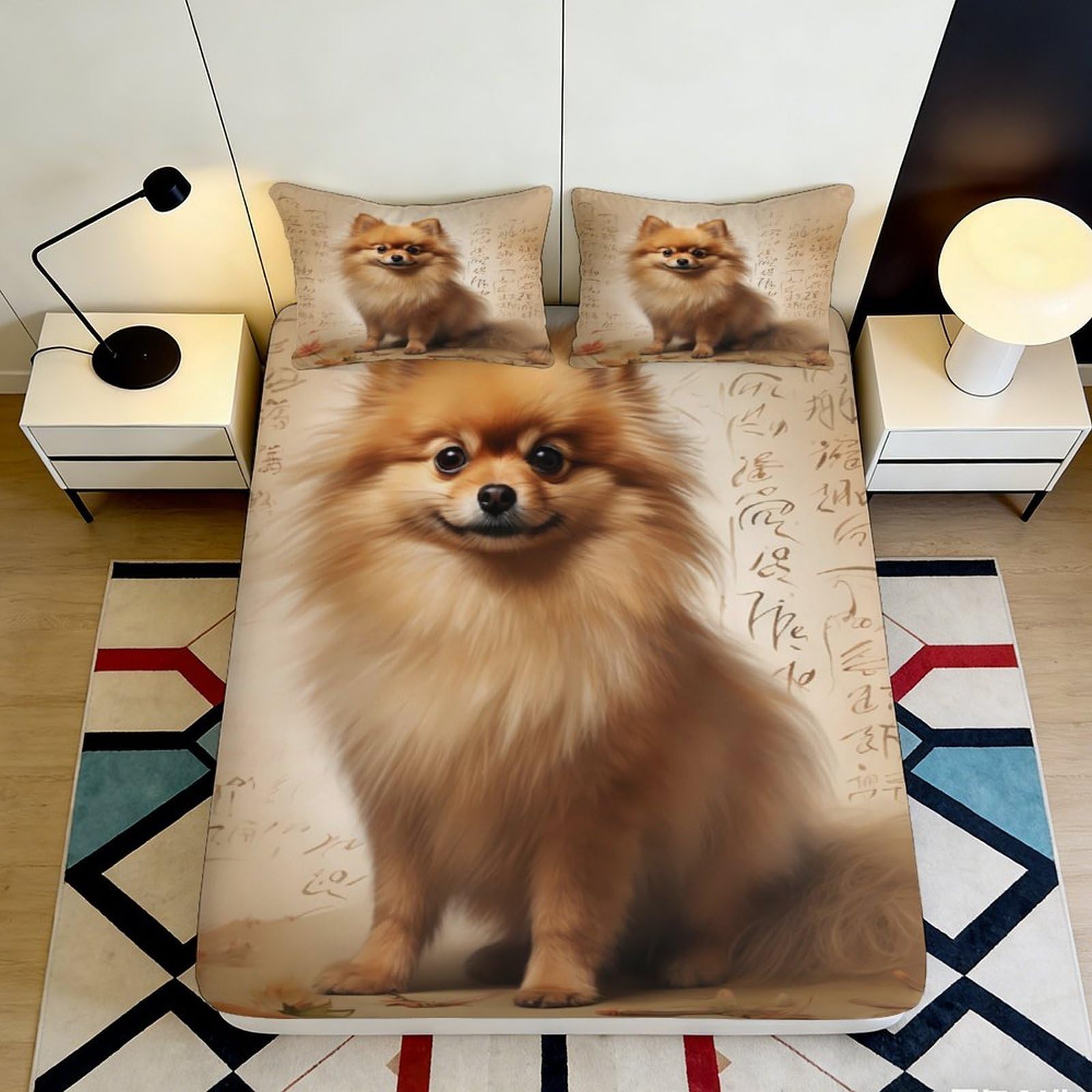 3D Printed Pomeranian Dog Fitted Sheet Microfiber Soft Breathable Cute Puppy Bed Cover for Bedroom Guest Room Decor Protection 90x200x25cm