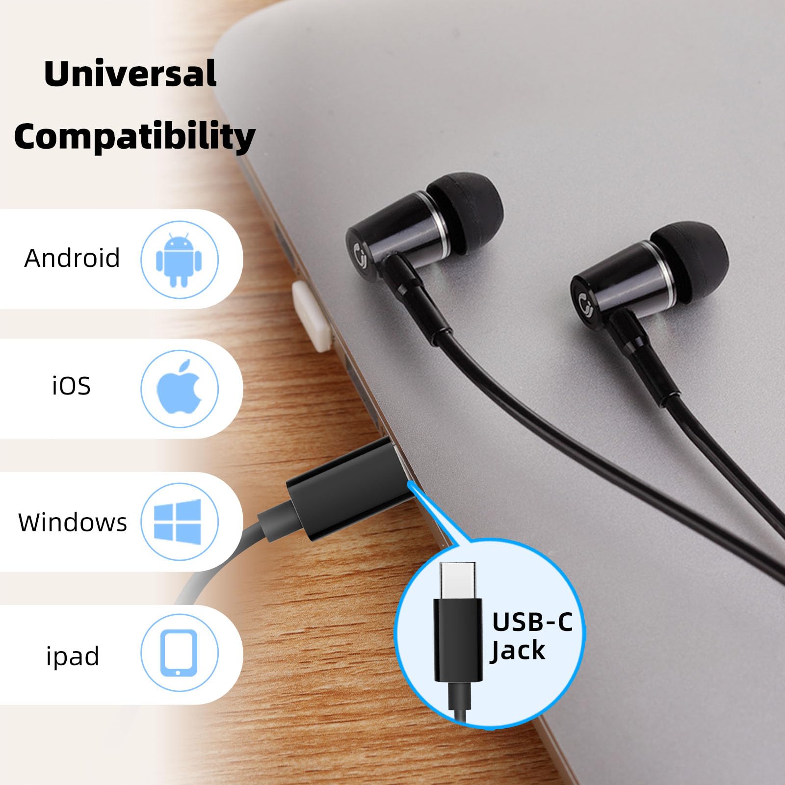 ibrain Airtube Casque pour une écoute sûre avec contrôle du volume du microphone, écouteurs à tube d'air avec type C pour protection auditive, casque filaire avec 3 embouts pour le travail, les