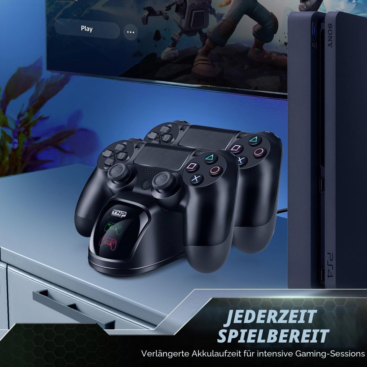 TNP PS4 Controller-Ladestation, PS4 Aufladestation, Ladegerät für Sony-PlayStation-4-Original-DualShock-4-Wireless-Controller, mit USB-Ladekabel und LED Anzeige, Passend für PS4 Pro/Slim, Schwarz