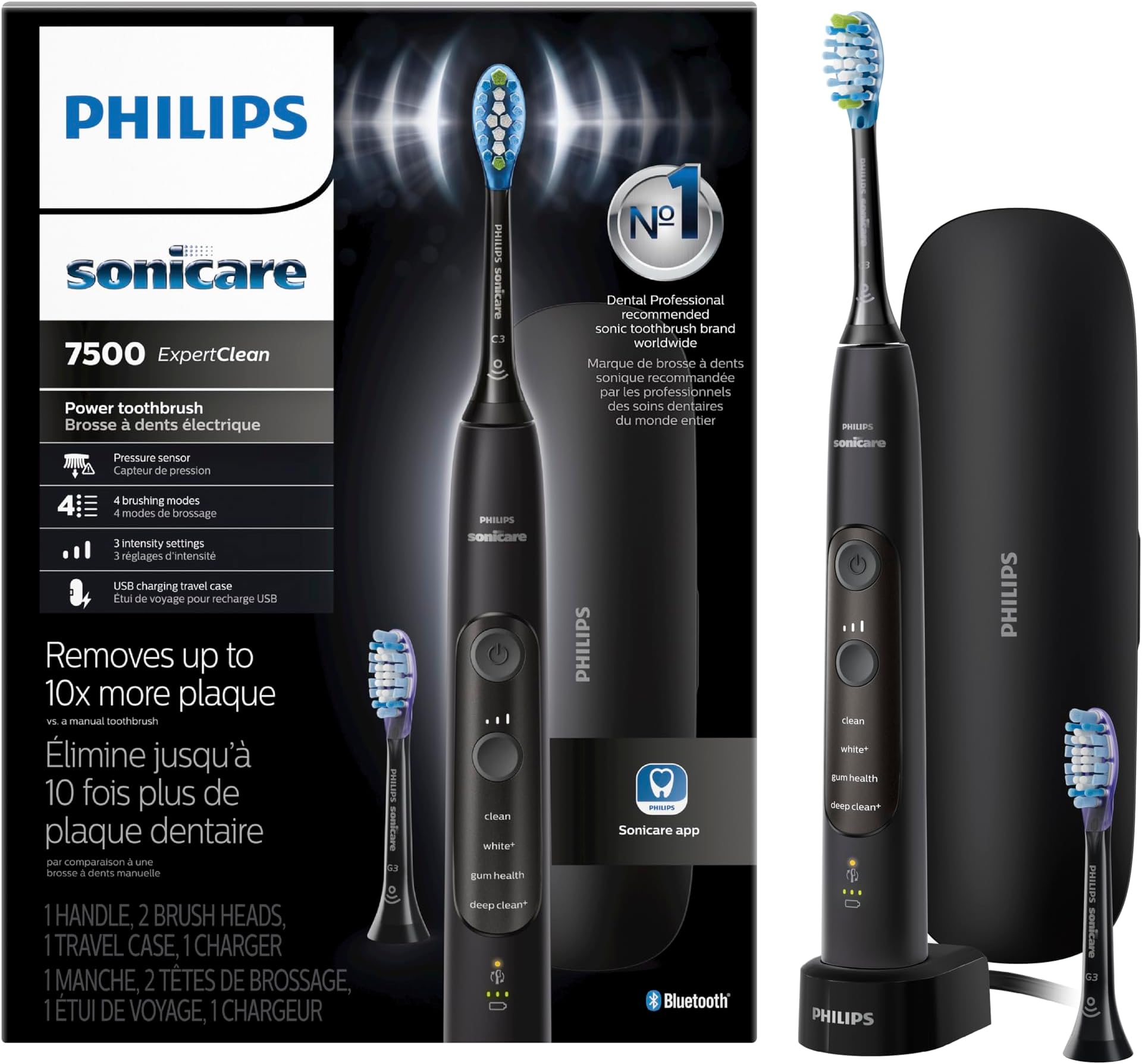 SONICARE Adult Philips Expertclean 7500, Rechargeable Electric Power Toothbrush, Black, Hx9690/05, 1 count