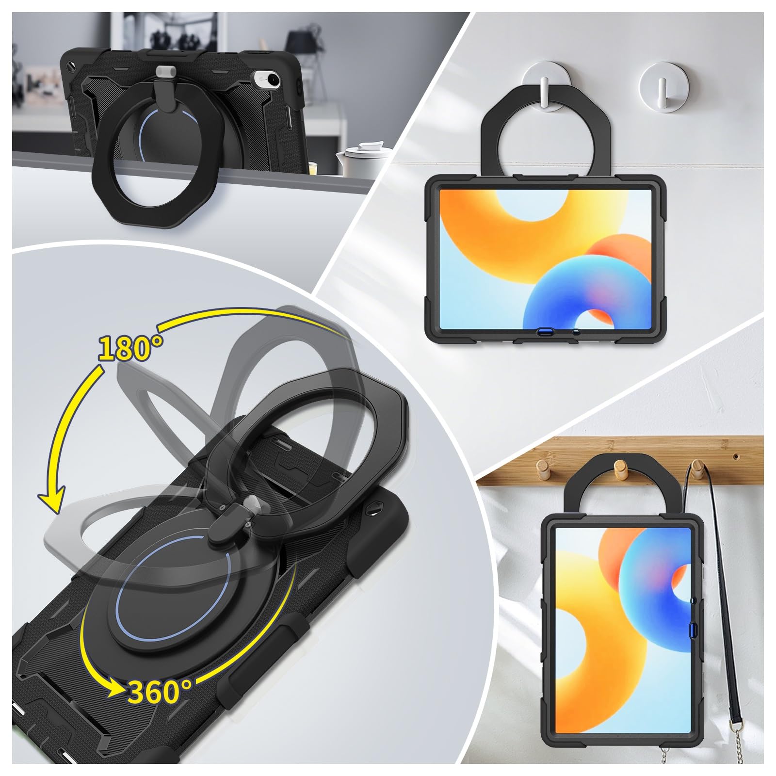 Wytrzymałe etui ochronne do Huawei MatePad 11.5 2024 i 2023 Wydano, cala, obrotowa podstawka 360°, pasek na ramię, uchwyt ołówek pierścień uchwytu, odporna wstrząsy obudowa dla dzieci dorosłych(Noir)