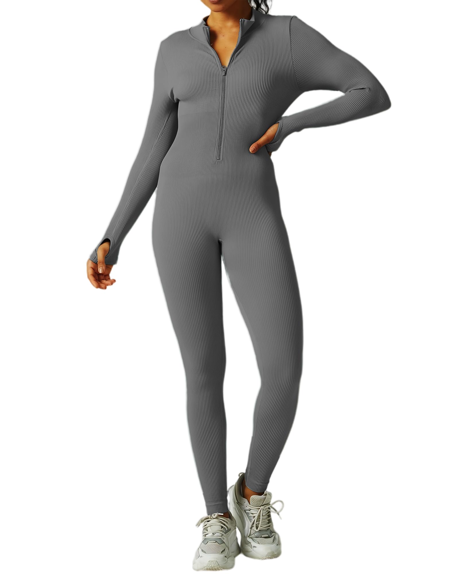 Merlvida Sport Jumpsuit für Damen Eng Langarm Overall mit Reißverschluss Sexy Gerippter Rollkragen Jumpsuit Push Up Elastischer Einteiler Body One Piece Bodysuit für Yoga Fitness Gym