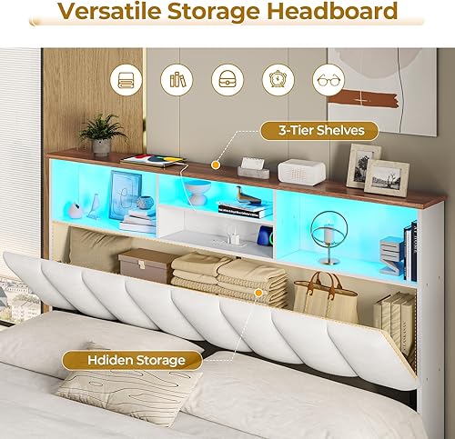 Miniatura 3 de VIAGDO Base de cama Queen con cabecera de estantería, marco de cama de madera tamaño Queen con estación de carga, 4 cajones de almacenamiento y