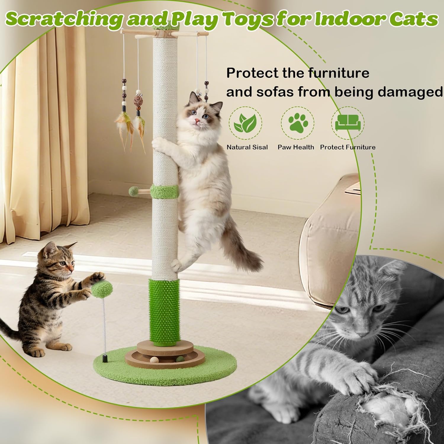 Cat Scratching Post, 38 Inch Tall Scratching Posts for Indoor Cats Adults and Kittens, Sisal Cat Scratch Post with Rotatable Hanging Toys, Rubber Brush, Mint Balls and Interactive Wooden Ball Track