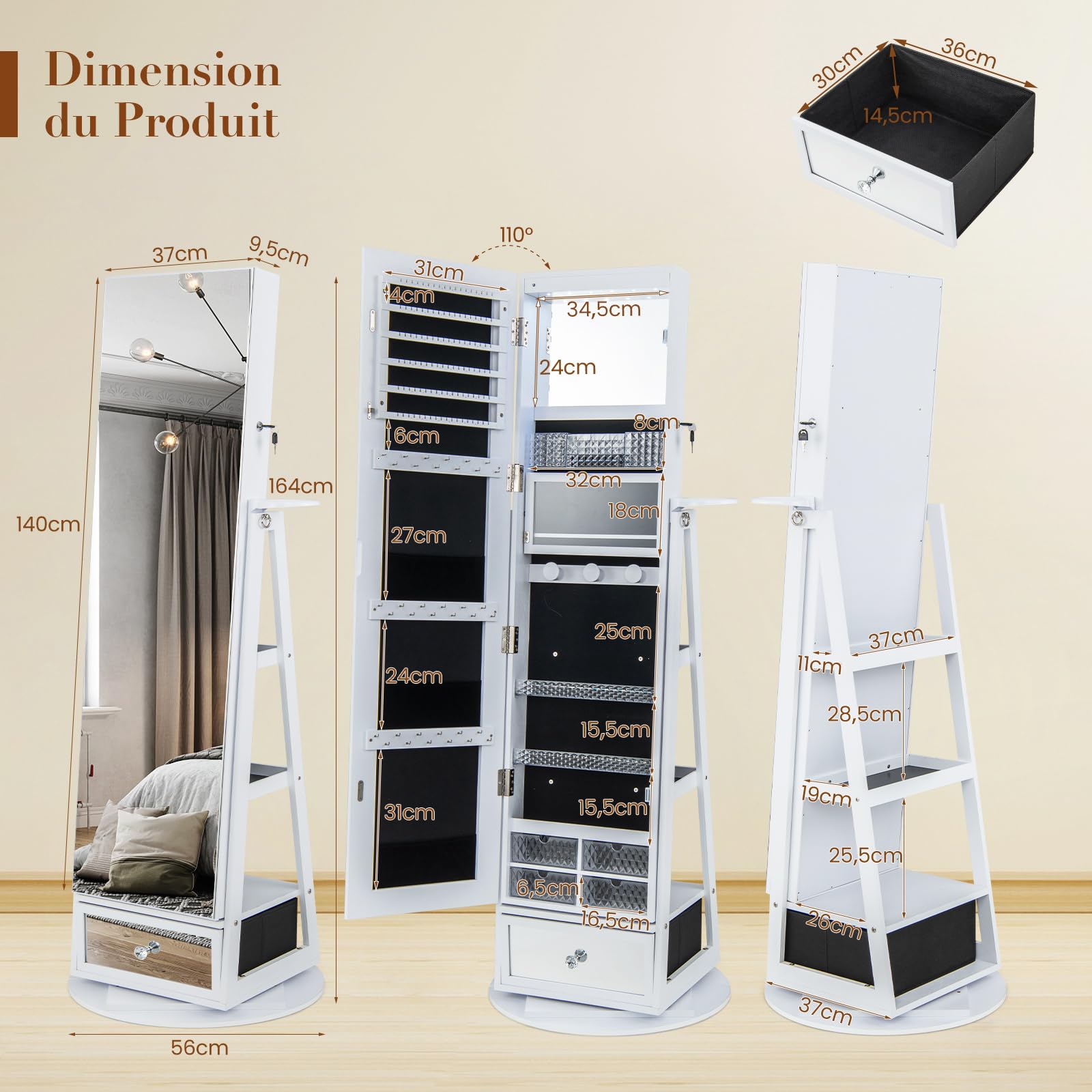 COSTWAY Armoire à Bijoux avec Miroir sur Pieds, Pivotant 360°, Lumières LED, Miroir Psyché sans Cadre, Verrouillable, Support pour Sèche-Cheveux, Étagères à l’Arrière, Grand Tiroir, Blanc