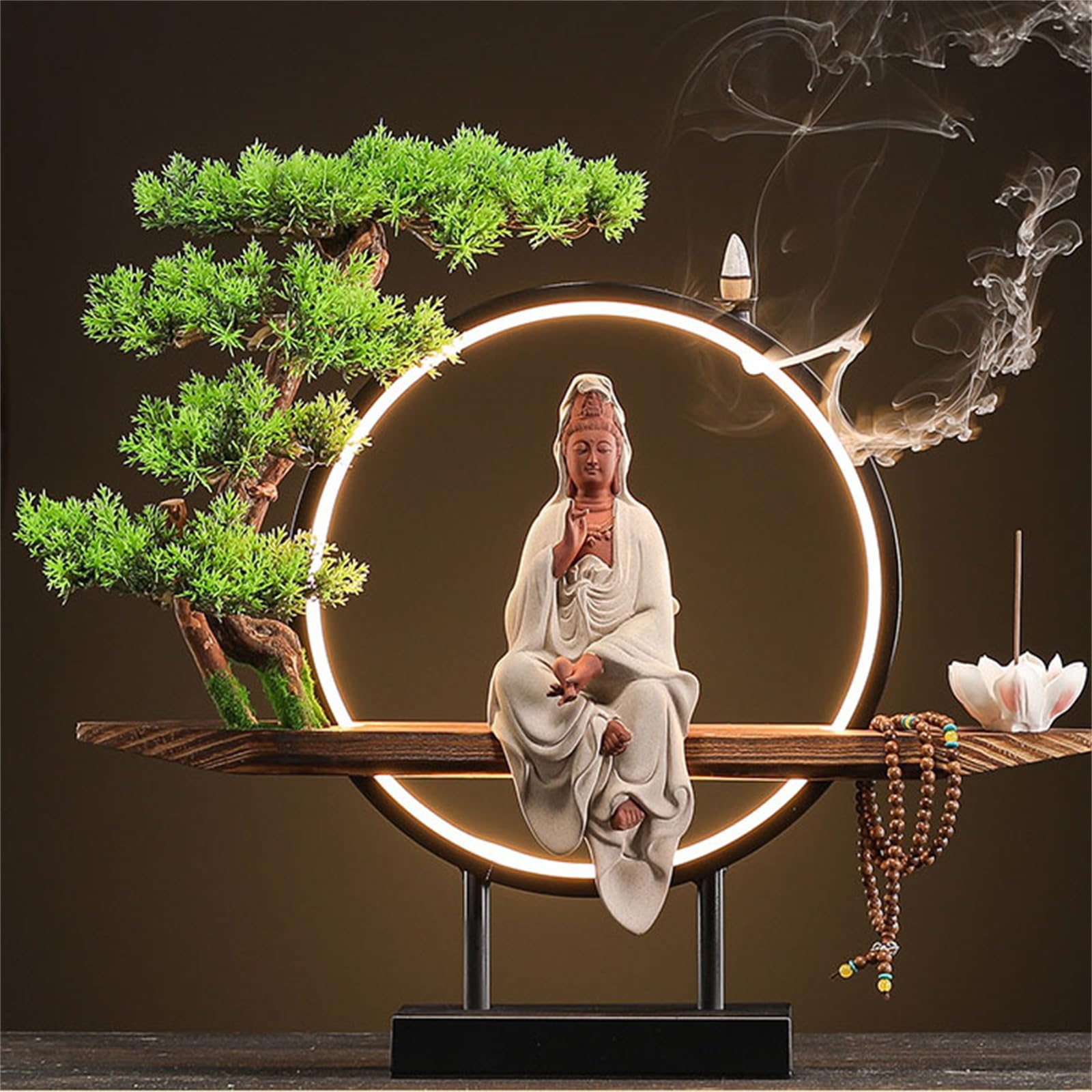 GAENZA Estatua De Buda Kwan Yin De Cerámica, Quemador De Incienso para Interiores con Anillo De Luz LED, Figura Decorativa De Buda con Forma De Bonsái, Decoración para El Jardín Y La Oficina,06