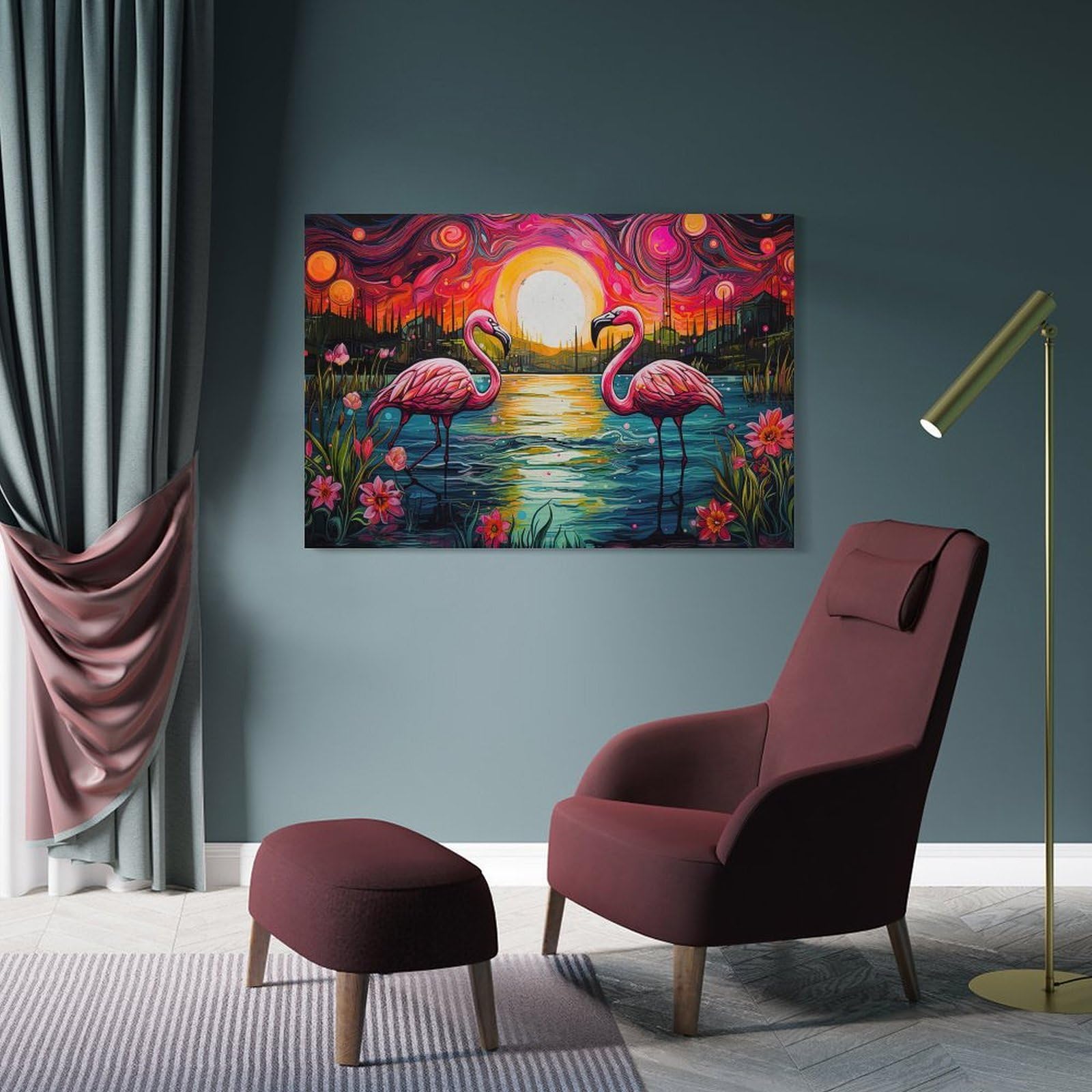 Junmoney Frame-Style-16 Canvas Wall Art Pink Flamingos Sunset, 20X30inch(50X75cm), For Lounge, Study, Hallway Or Flat Walls, Canvas Wall Art That Fits Changing Layouts