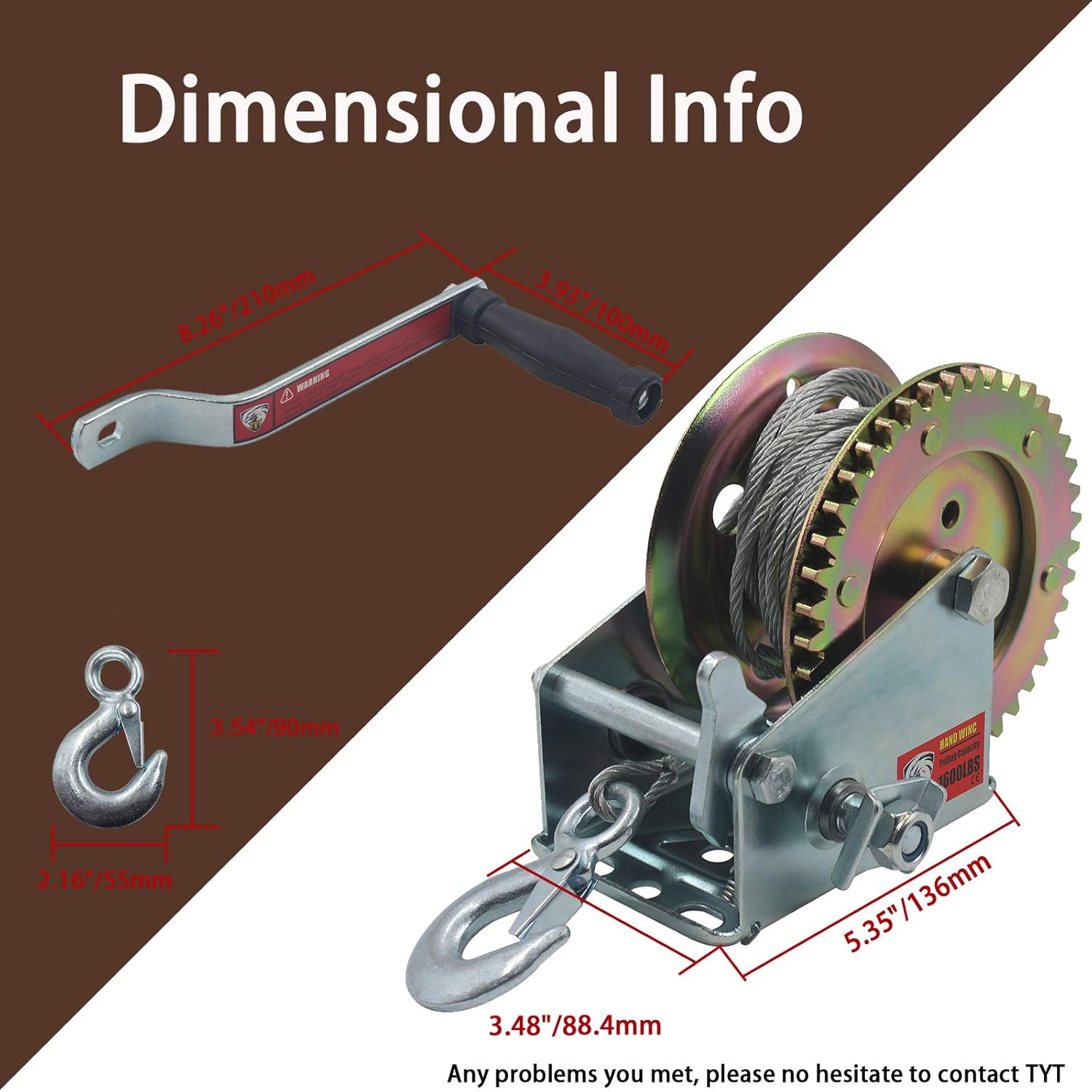 TYT 1600lb Boat Trailer Winch with 26ft Steel Cable, Gear Ratio 4.1:1 Hand Winch with Mooring Hook, Hardened Steel Crank Manual Winch for Towing SUV UTV ATV Truck Winch (1600lb with Cable Zinc Winch): Home Improvement