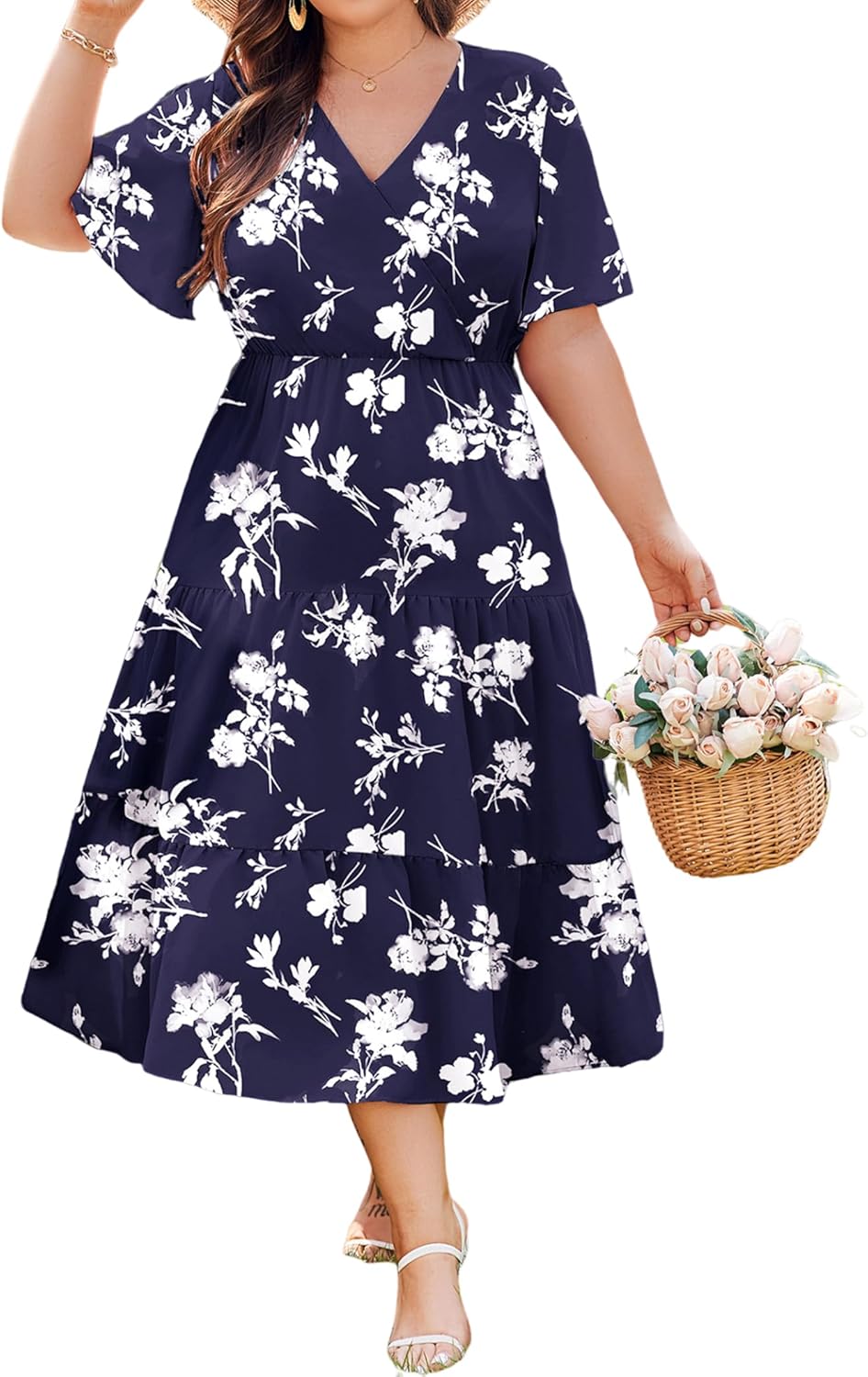 IN'VOLAND Plus Size Long Dresses for Women Summer Floral Short Sleeve Casual Dresses with Pockets Dark Blue