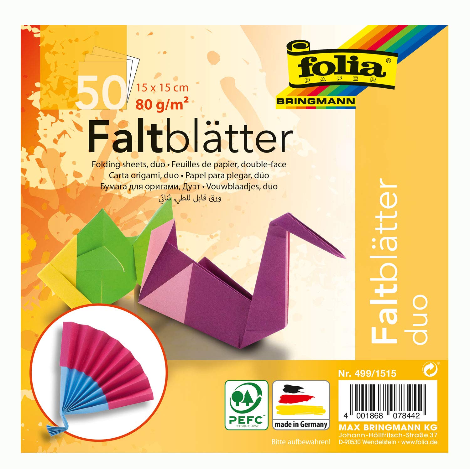 folia 499/1515 – składane arkusze Duocolor, 15 x 15 cm, 80 g/m², 50 arkuszy posortowanych w 10 dopasowanych kolorystycznie stronach z przodu i z tyłu – idealne do przepięknych, składanych figurek i kształtów