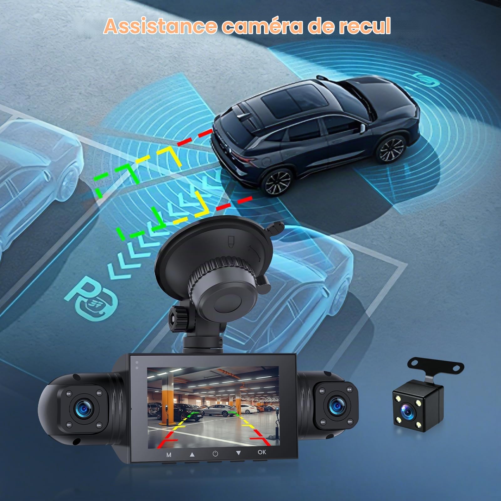 Hikity Caméra de Tableau de Bord pour Tous Les véhicules 4 caméras Écran IPS 3" Vision Nocturne 1080P Caméra embarquée Enregistrement en Boucle avec capteur G Enregistreur vidéo Grand Angle
