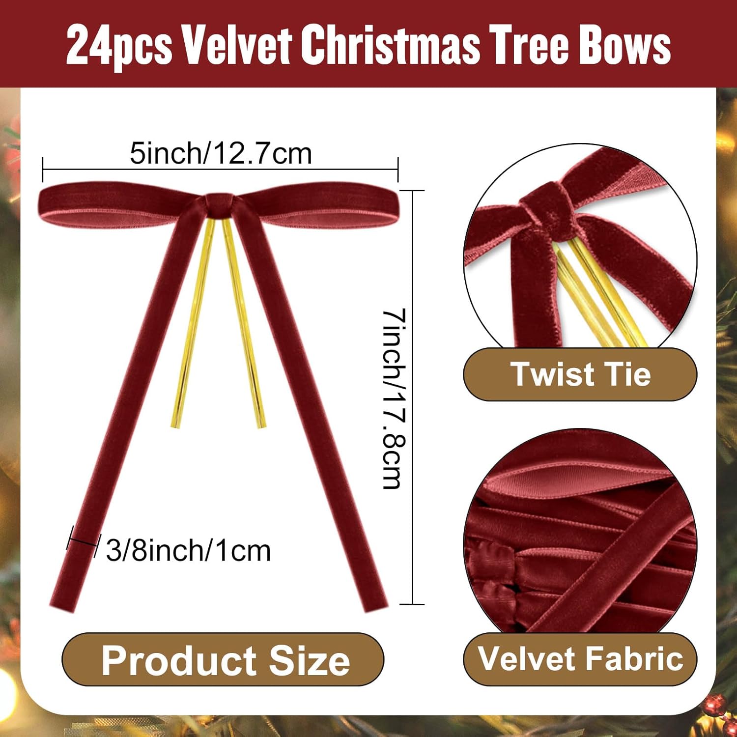24 pcs burgundy velvet bows for christmas tree decor, elegant velvet pre-tied ribbon bows door garland vintage ornaments for christmas, wreaths, gifts and home decoration (5x7 inch, 3/8'' wide)