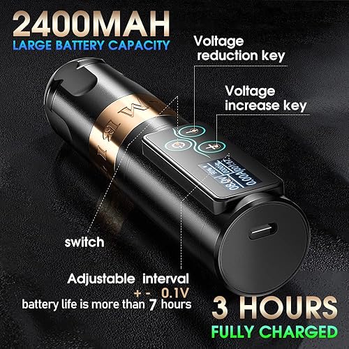 Miniatura 4 de Ambition Máquina de tatuaje Vibe  Cartucho giratorio de batería con botones táctiles de 2400 mAh, pantalla digital LED, alimentación inalámbrica,