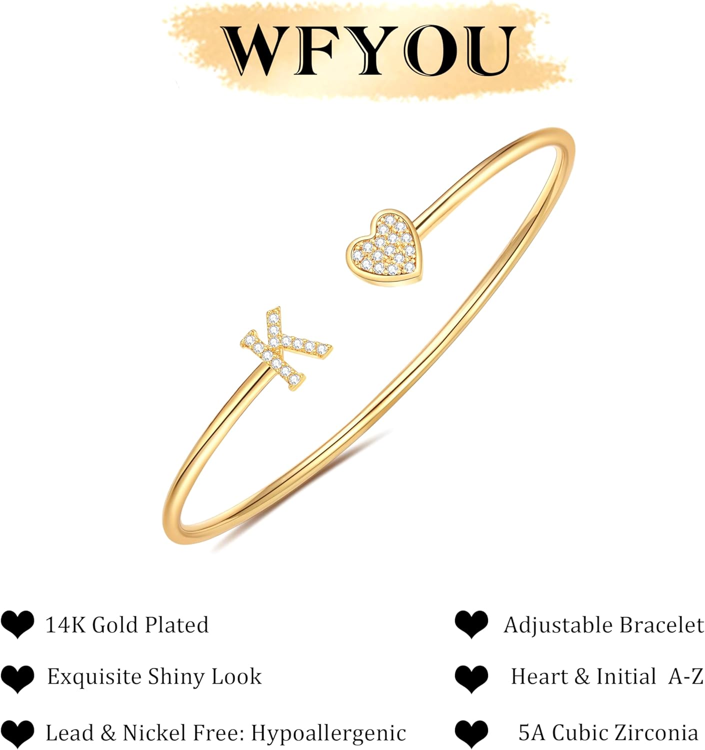 WFYOU Gold Initial Bracelets for Women Non Tarnish Dainty 14k Gold Plated Heart Initial Bracelet Letter A-Z Personalized Adjustable Bangle Bracelets Name Cuff Bracelet Birthday Gifts for Women Jewelry - Image 5