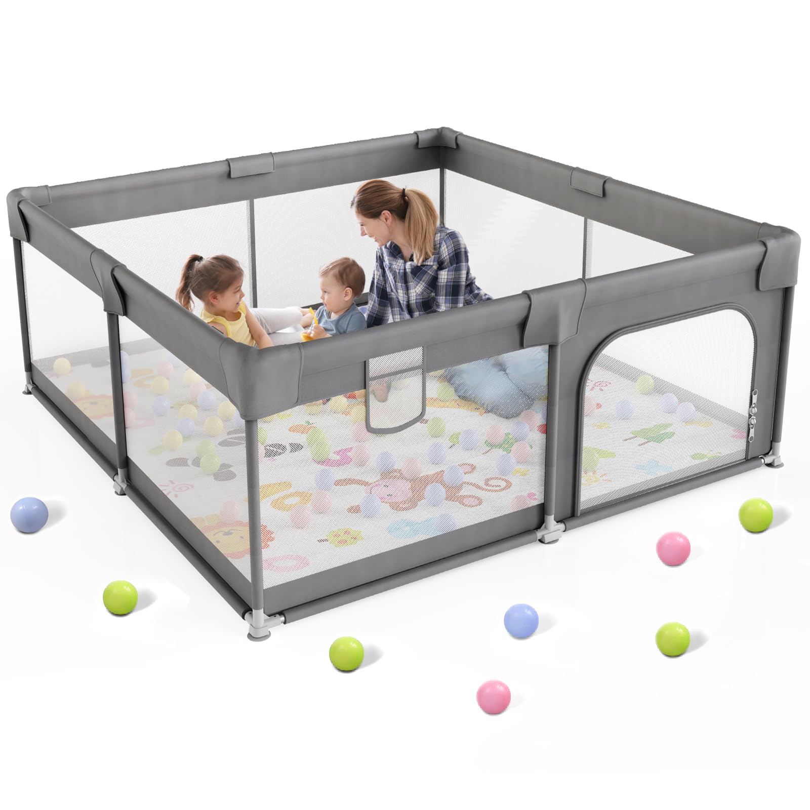 □Playing children□Ｂ＆Ｇ・ ◇ OLAKIDS Baby Playpen, 74” x 62” Extra Large Baby Play Yard