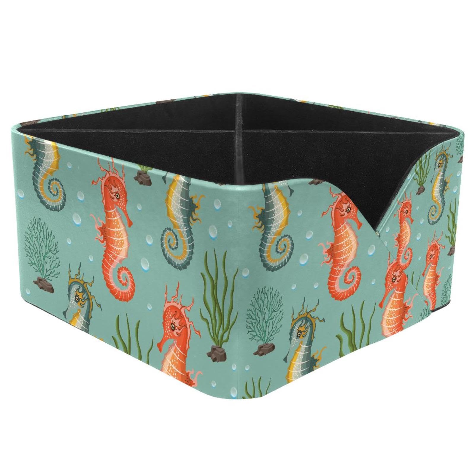 KengjuTesu Marine Seahorses Coral Pattern Desktop Organizer Pen Holder, Rectangular Pencil Cup for Office, Study and Makeup Stations