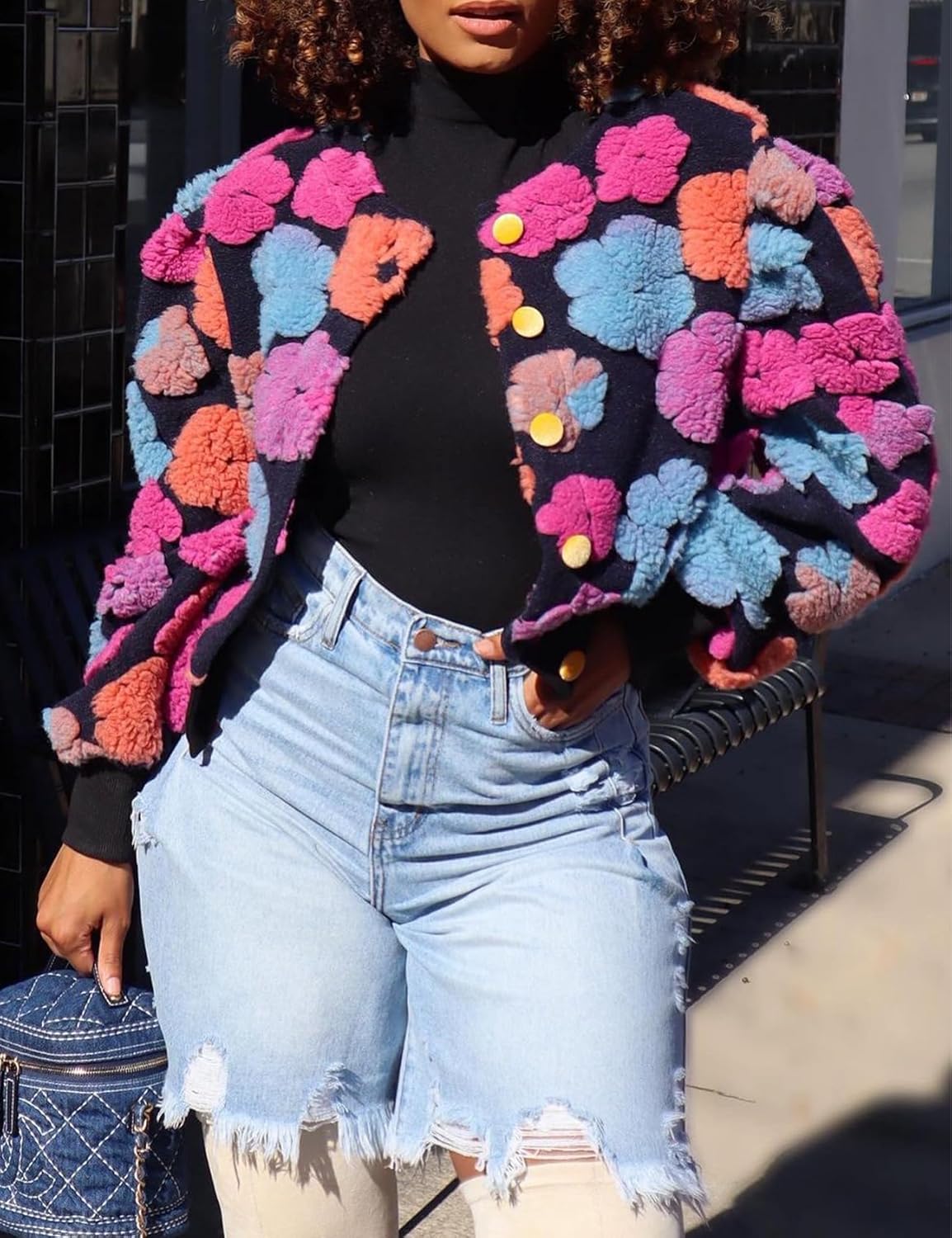 Yimoon Womens Cropped Floral Print Jacket Puff Sleeve Fleece Bomber Jacket Button Down Fall Winter Warm Outerwear - Image 2