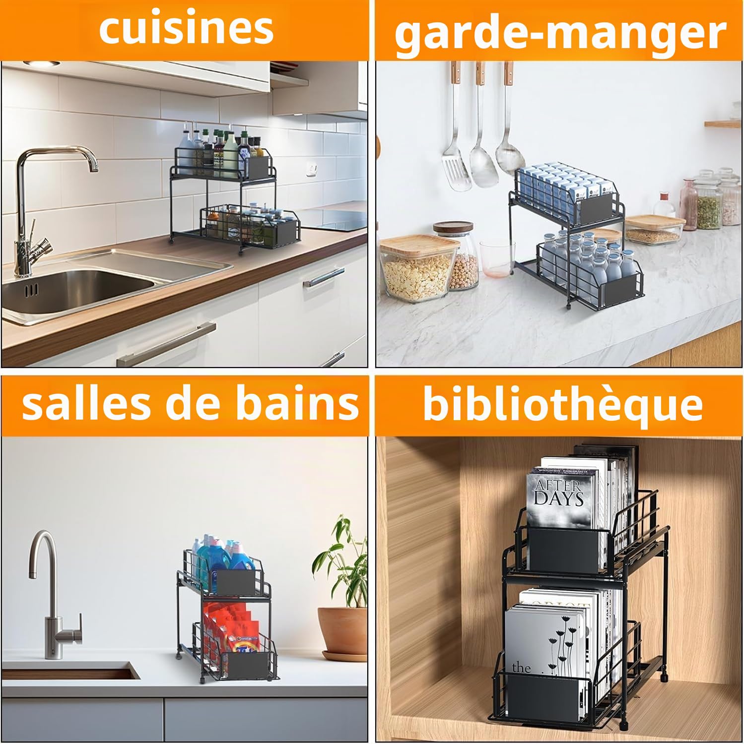 SOONHUA Rangement sous Évier, 2 Niveaux Coulissant Organisateur Sous Evier, Rangement Produits Menagers pour Cuisine, Salle de Bain, Garde-Manger, Armoire de Rangement