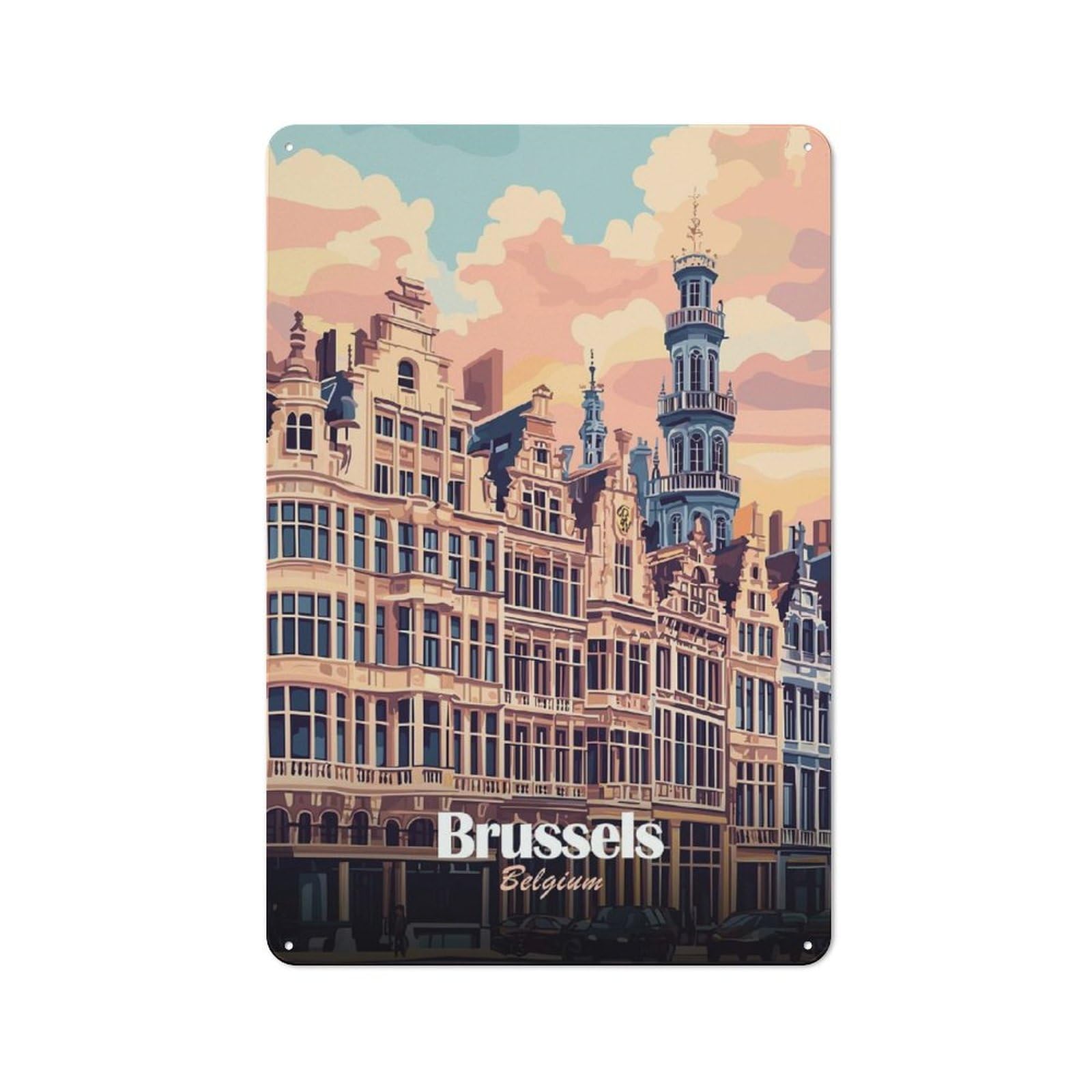 Junmoney Style-6 Country Metal Sign With Brussels, Belgium Cityscape Art(2) Design 30X20cm, Barn Style Rustic Kitchen Decor For Farmhouse Kitchen, Pantry Or Dining Area