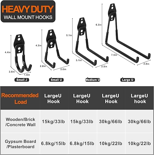 Miniatura 2 de Rivemon Ganchos de almacenamiento de garaje resistentes, paquete de 12 ganchos de acero para montaje en pared y organizador para herramientas