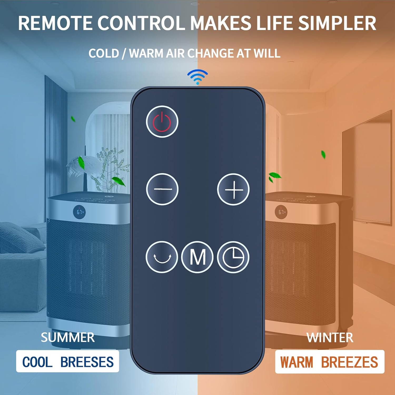 The ZWP Replacement Remote Control positioned between two VEVOR electric space heaters, one for summer (cool air) and one for winter (warm air), illustrating its function in changing air settings.