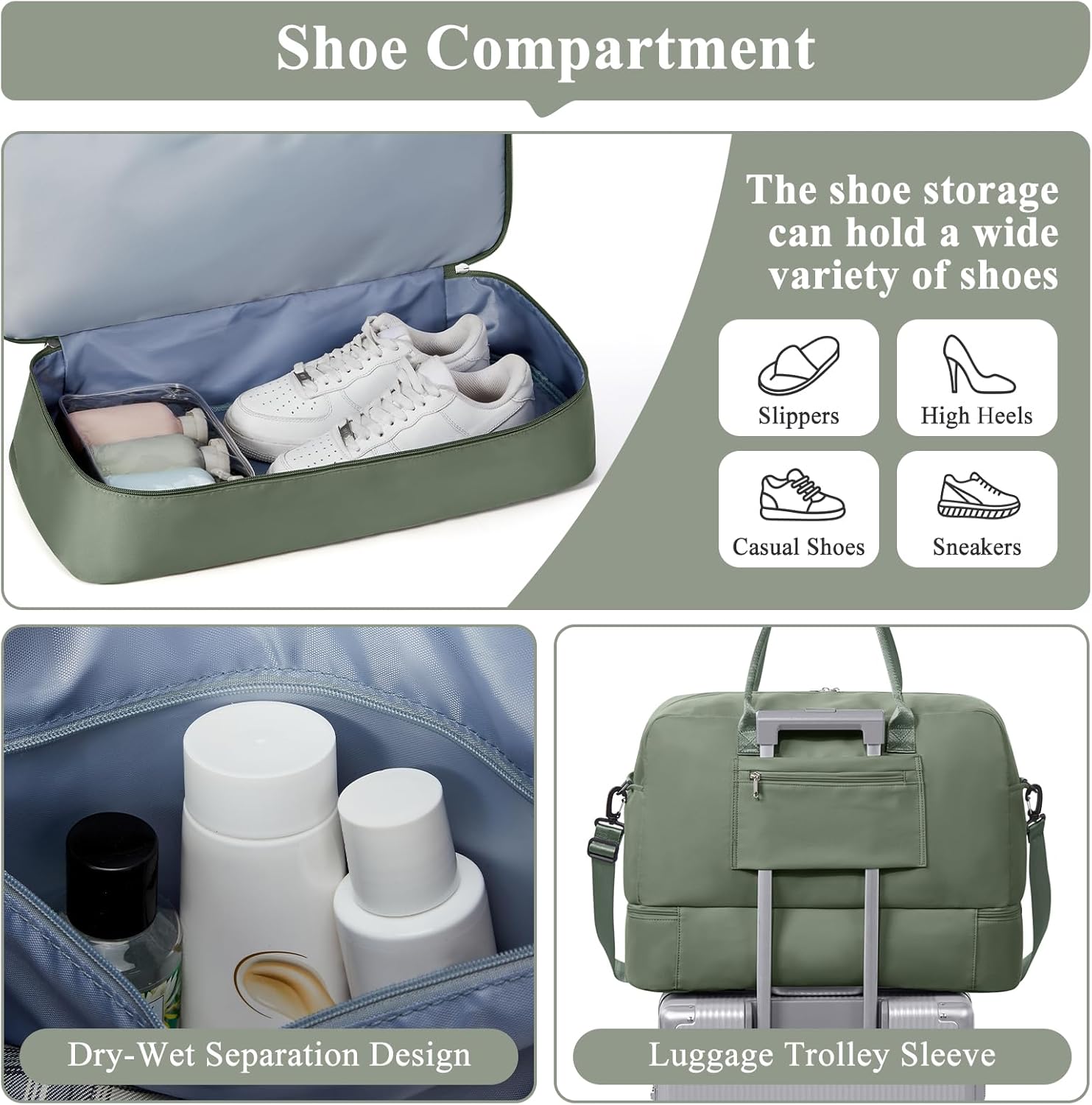 Weekender Bags for Women, Travel Duffel Overnight Carry On Weekend Bag with Shoes Compartment,Olive Green - Image 5