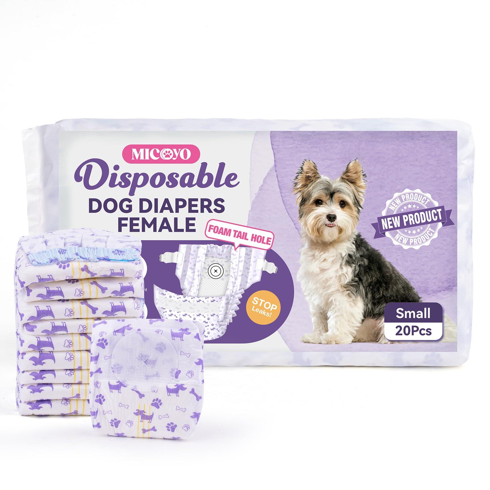 MICOOYO Pañales desechables para perras, pañales para perras, pañales súper absorbentes para mascotas, pañales de espuma para perros hembras para calor, pañales cómodos para cachorros (S, 50 unidades)