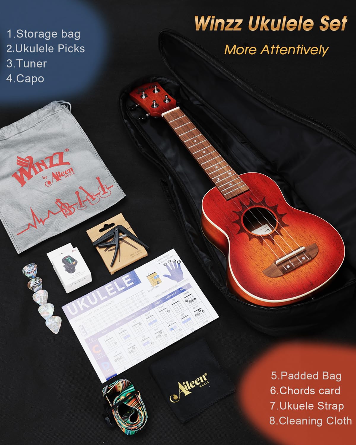 Winzz Ukulele Soprano per Adulti Principianti, Ukulele in Mogano da 21 pollici per Bambini Kit di Avviamento, Set di Regali per Ukulele Unico, Design Unico (Corde in Carbonio, Sunburst Opaco)