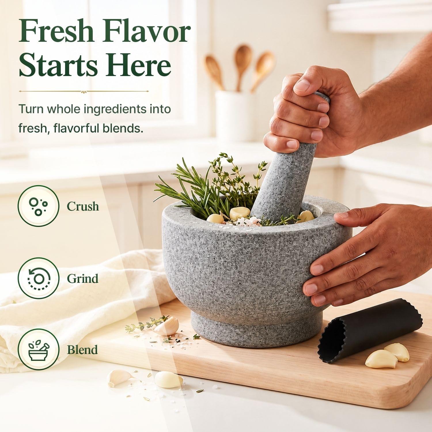 Flexzion Ensemble de mortier et pilon en granit 4 tasses avec éplucheur d'ail et tapis antidérapant pour guacamole, herbes, épices, salsa, gris
