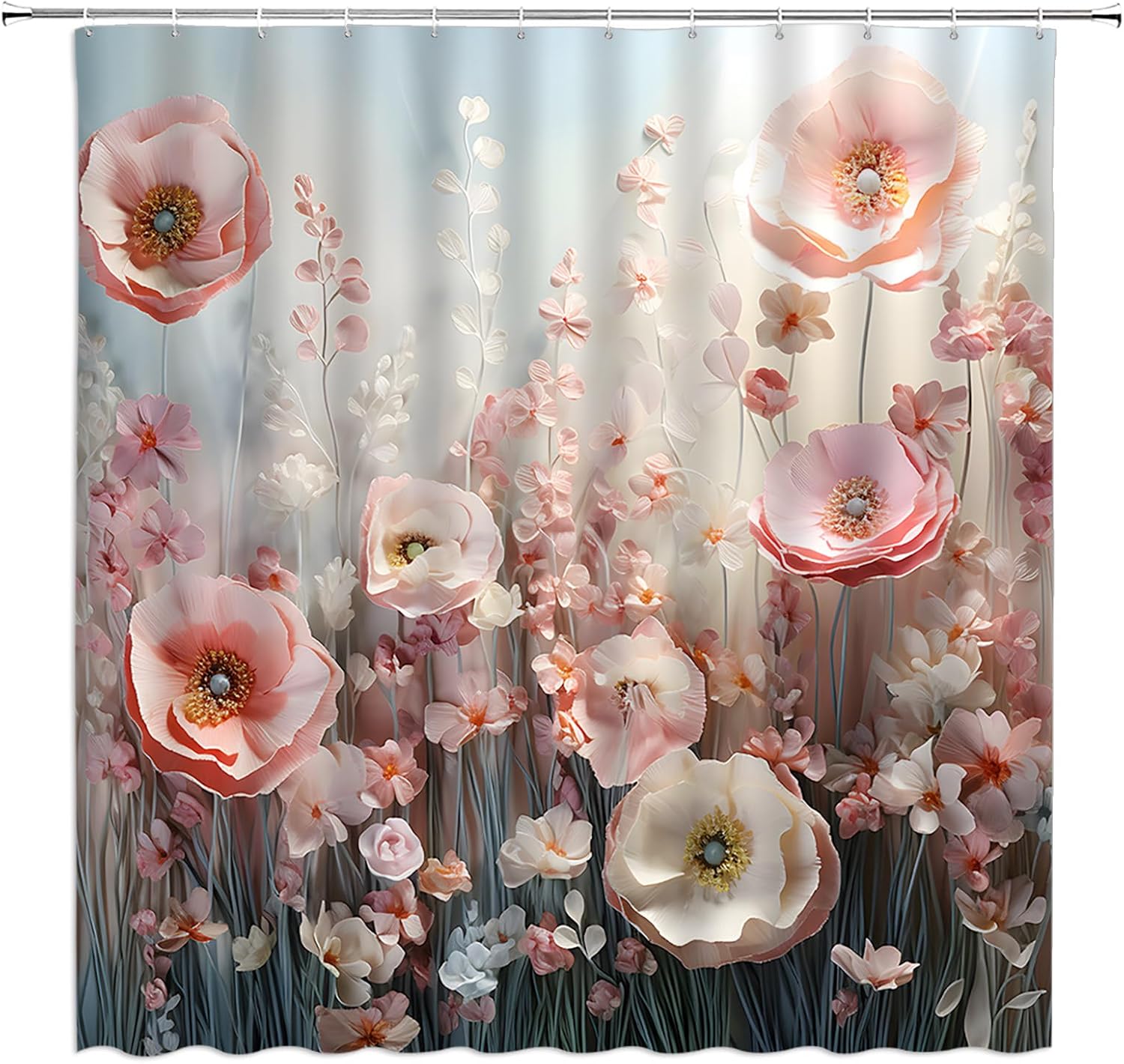 Colorful Flowers Shower Curtain Watercolor Flower Pink Floral Spring Plants Romantic Wildflower Butterfly Pretty Nature Scenery Fabric Bathroom Decor Set with Hooks(84" Wx70 H)