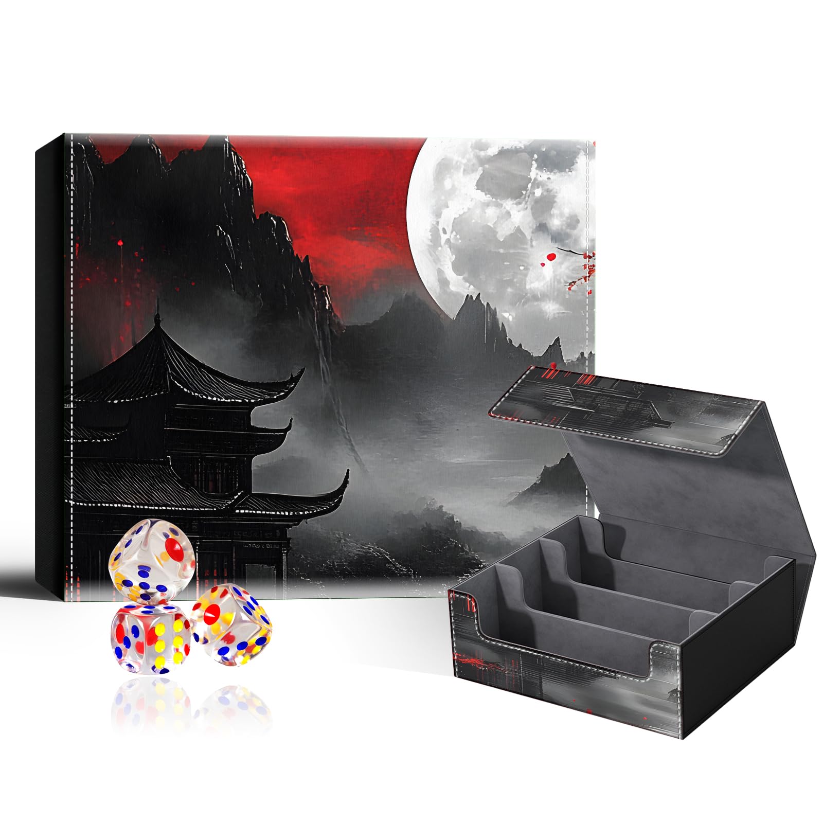 VOGDMKJG Trading Card Deck Box Fit 1800+ Single Sleeved Cards,PU Leather Magnetic Closure Card Storage Box With 3 Dice For MTG/TCG/PTCG/Magic Card Storage Case Large 3 ROW Design Plum Blossom Moon