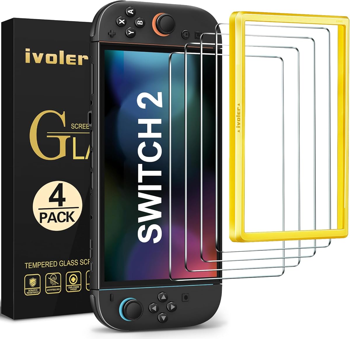 ivoler Pack de 4 Verre Trempé Compatible avec Nintendo Switch 2 Model 2025, avec Kit Installation Offert, Film de Protection d’écran - 9H Glass - Anti Rayures - Sans Bulles