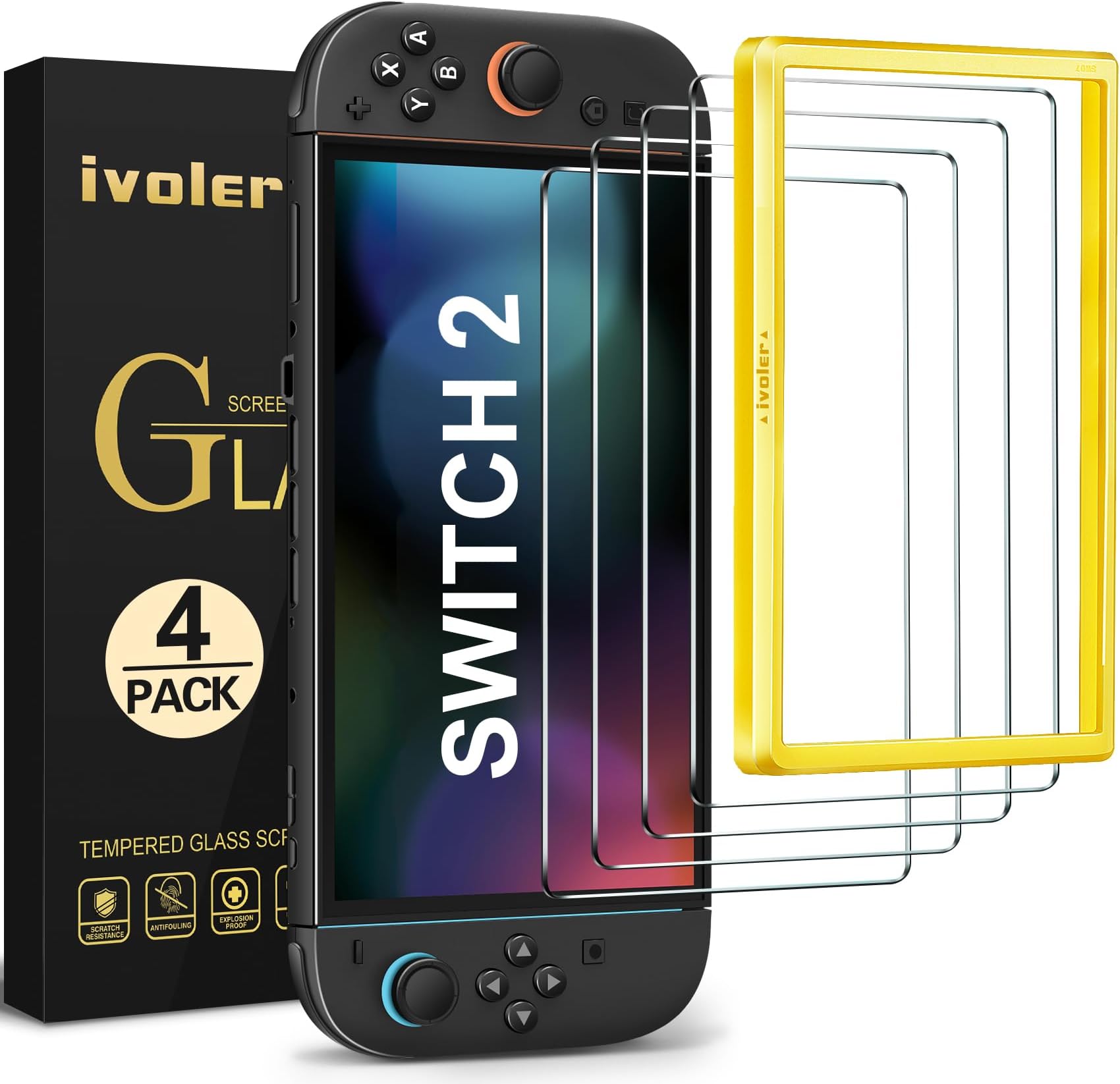 ivoler [4-Pack for Switch 2 Screen Protector with Alignment Frame Tool, 30-second installation- Bubble-Free Application - 9H Hardness -Tempered Glass Protection Film for Nintendo Switch 2 Model 2025