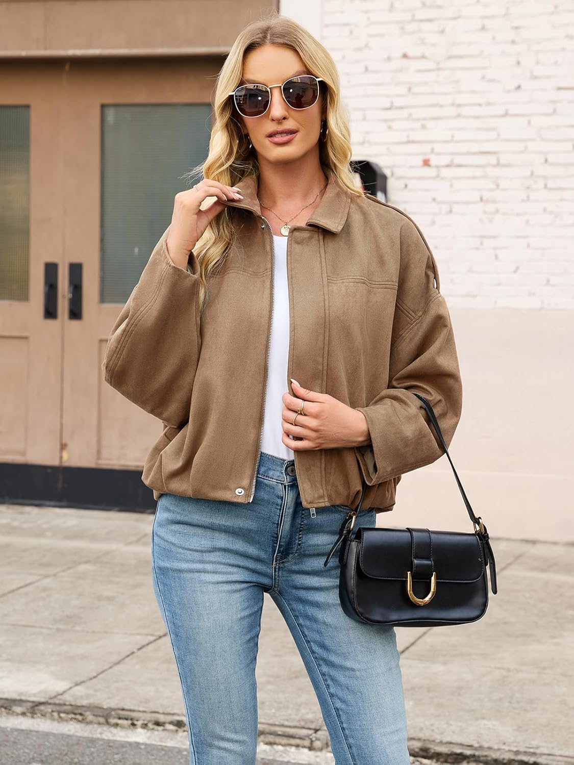 Womens Bomber Jacket Faux Suede Casual Cropped Pilot Coat Lapel Collar Causal Oversized Trendy Outwear - Image 7